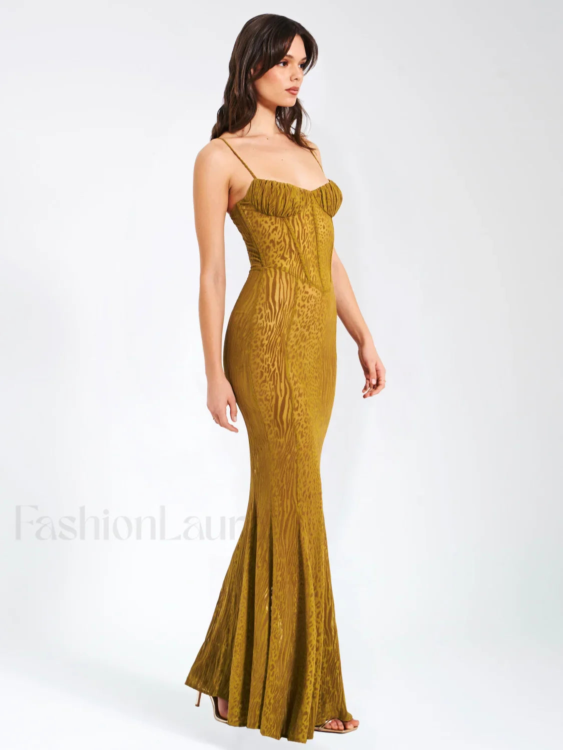 Ulani Gold Burnout Velvet Graceful Detail Mesh Maxi Dress