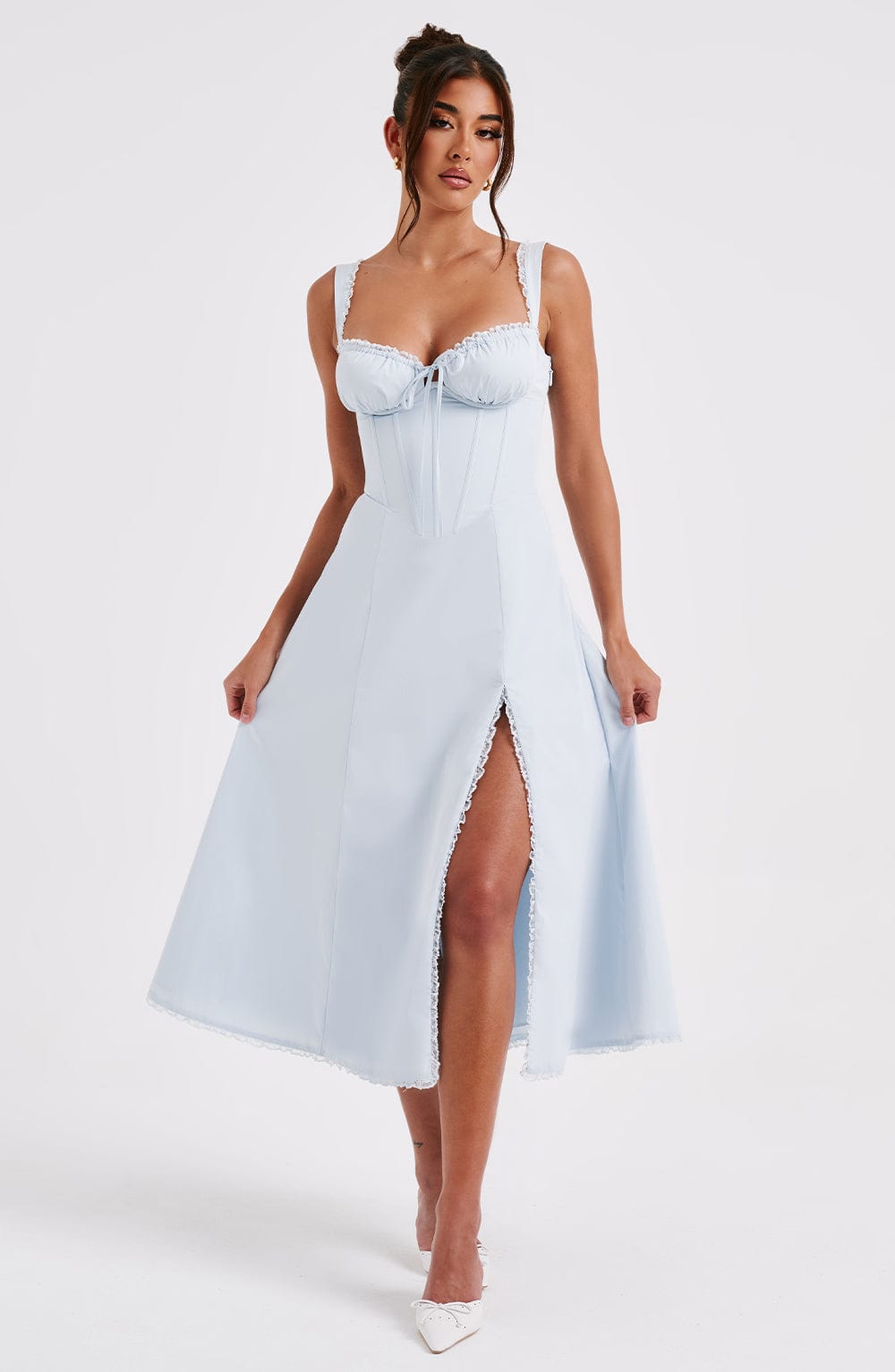 Ruffle Trim Sweetheart Corset Bodice Tie Front Front Split Midi Dress 4