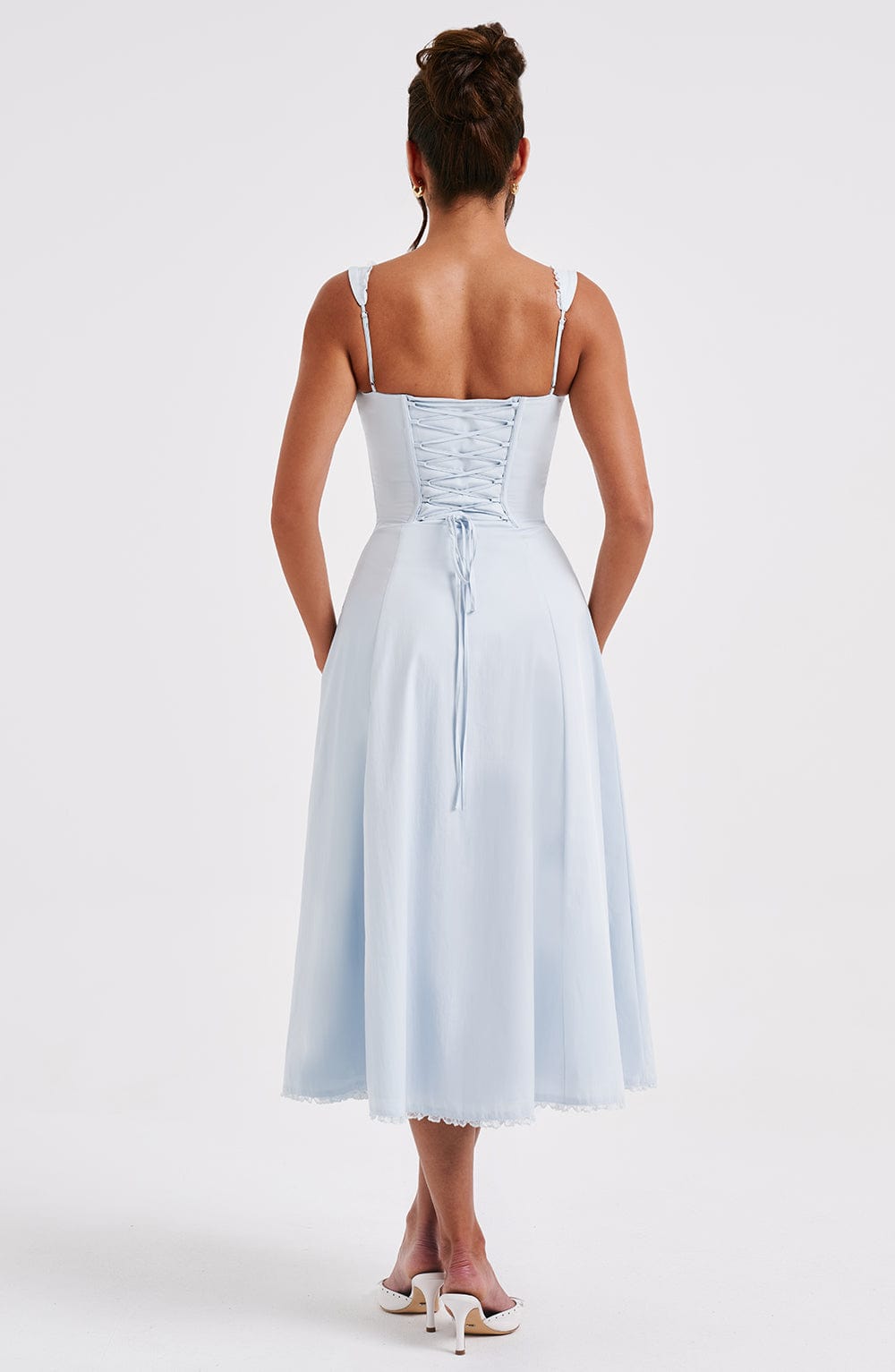 Ruffle Trim Sweetheart Corset Bodice Tie Front Front Split Midi Dress 5