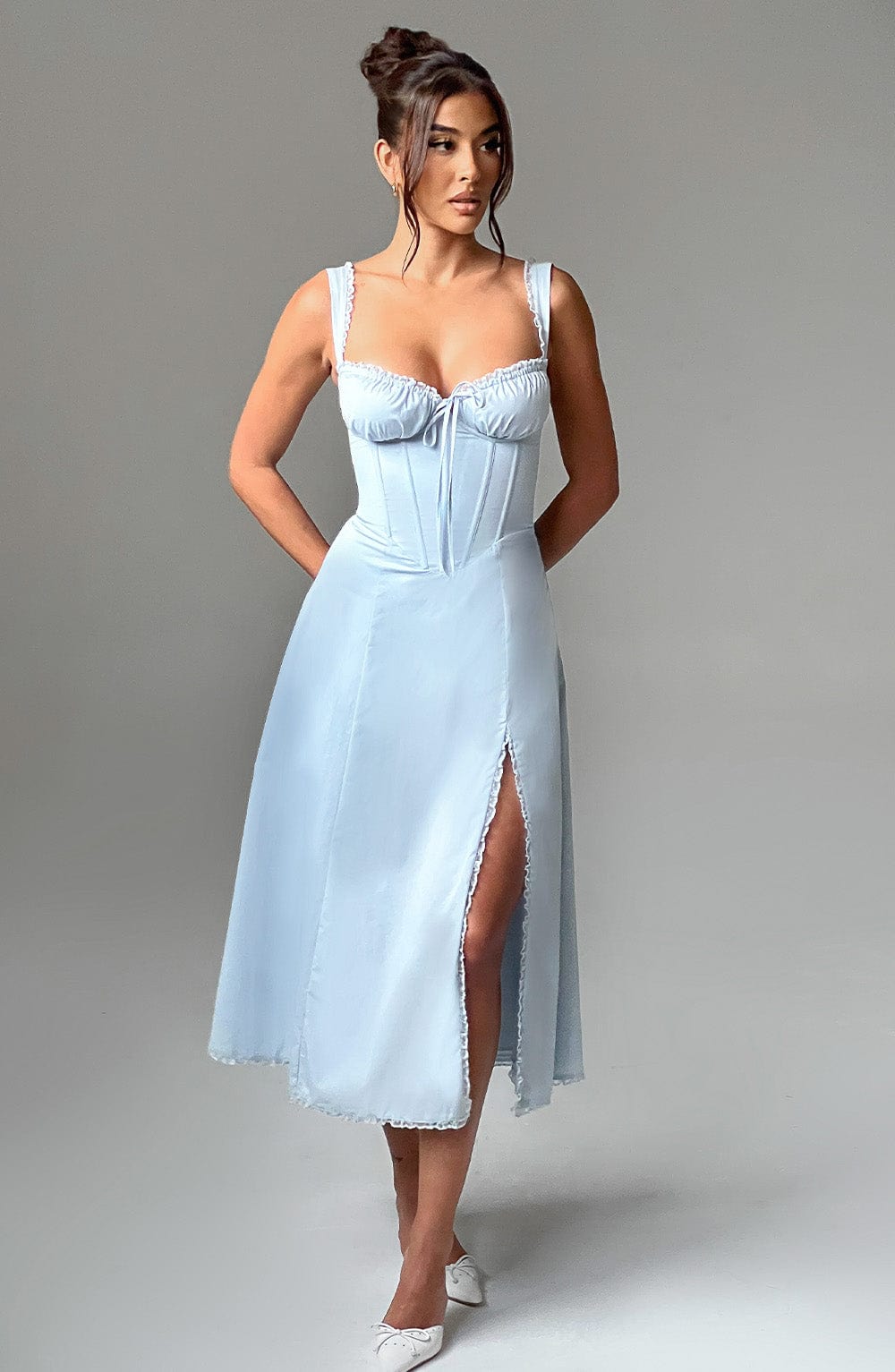Ruffle Trim Sweetheart Corset Bodice Tie Front Front Split Midi Dress 8