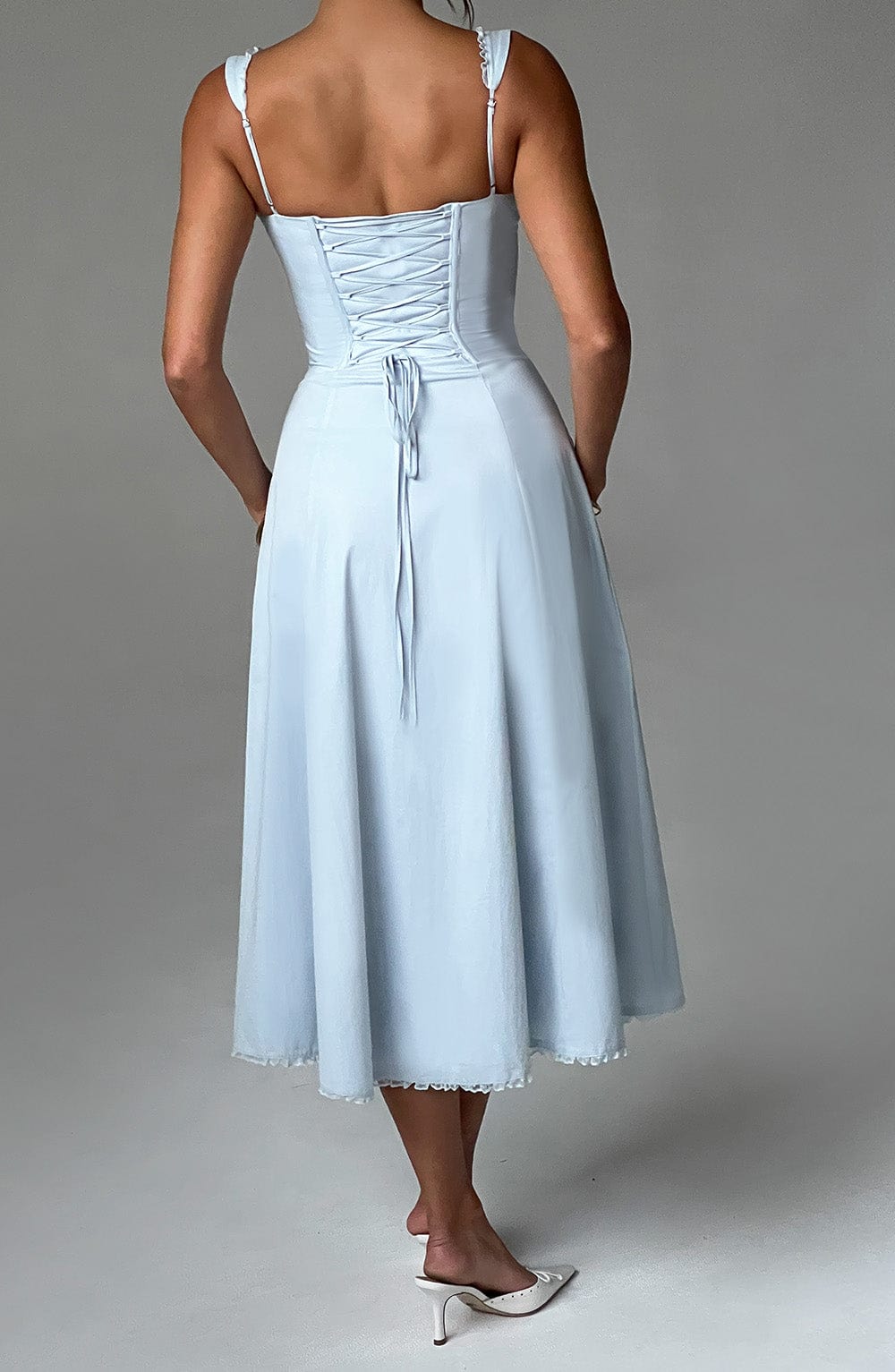 Ruffle Trim Sweetheart Corset Bodice Tie Front Front Split Midi Dress 2
