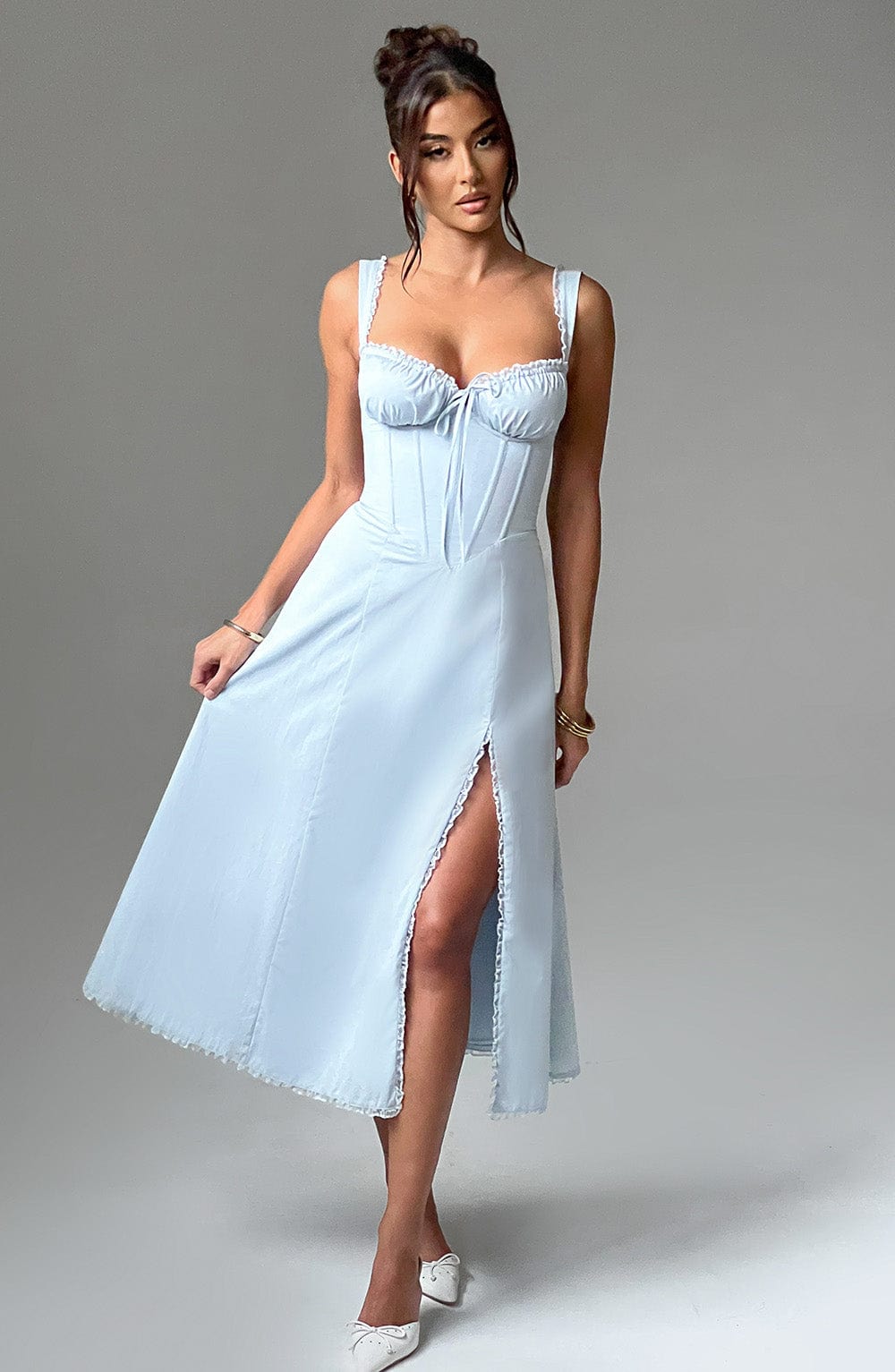 Ruffle Trim Sweetheart Corset Bodice Tie Front Front Split Midi Dress 3