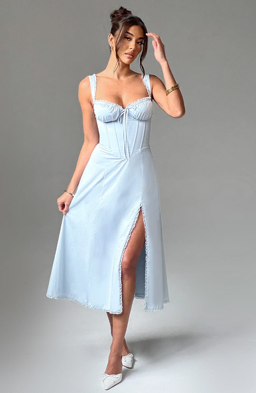 Ruffle Trim Sweetheart Corset Bodice Tie Front Front Split Midi Dress 6