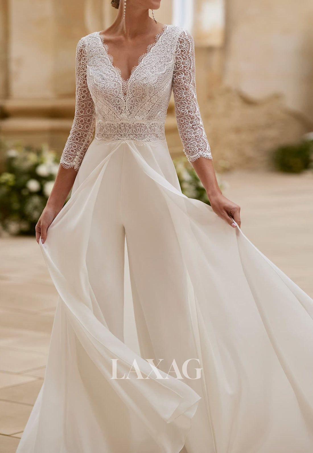 Deep-/ Sleeves Lace&Chiffon Pleated Sheer Jumpsuit Wedding Dress with Train