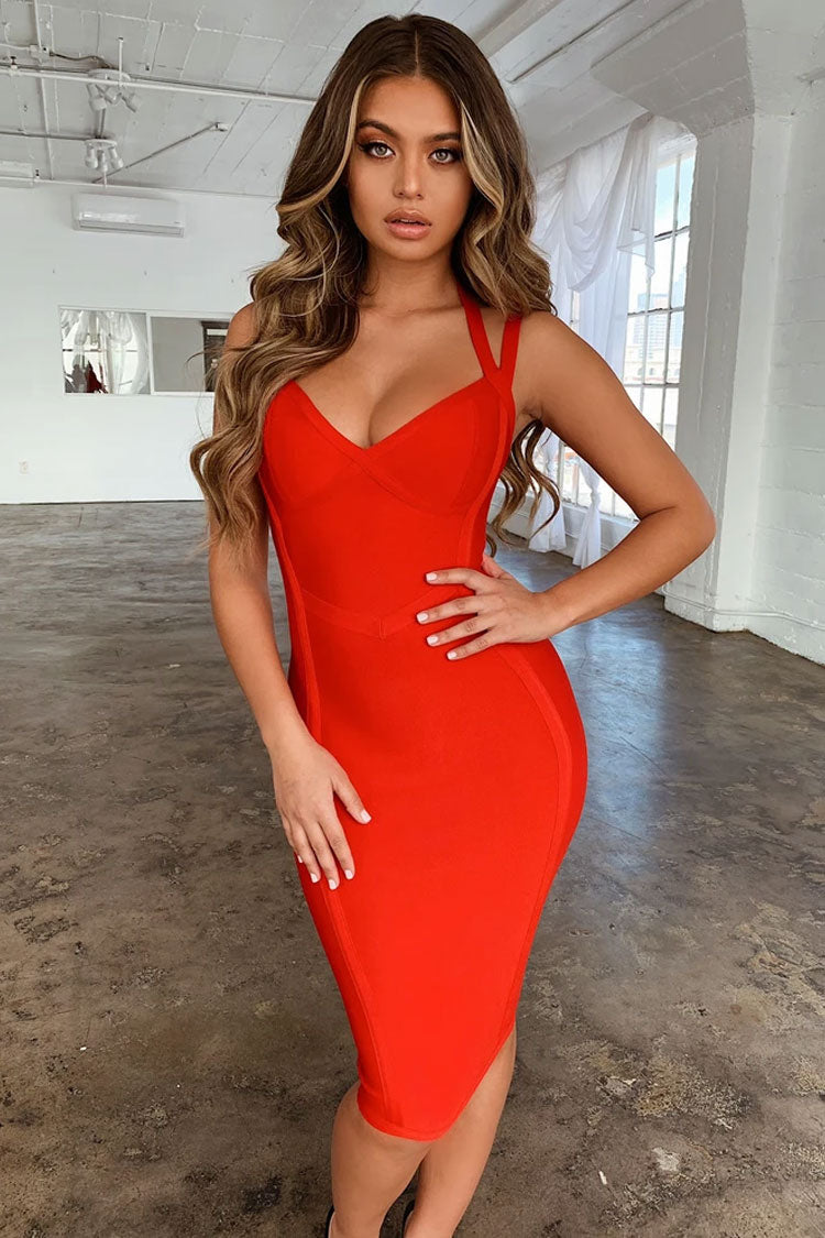 Bandage V-Neck Strappy Bodycon Midi Cocktail Dress