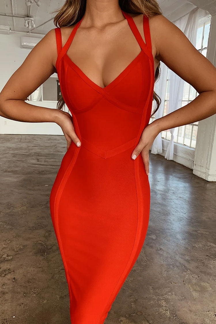 Bandage V-Neck Strappy Bodycon Midi Cocktail Dress