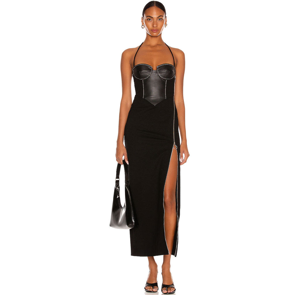 Faux Leather halter neck Mini Dress Cocktail