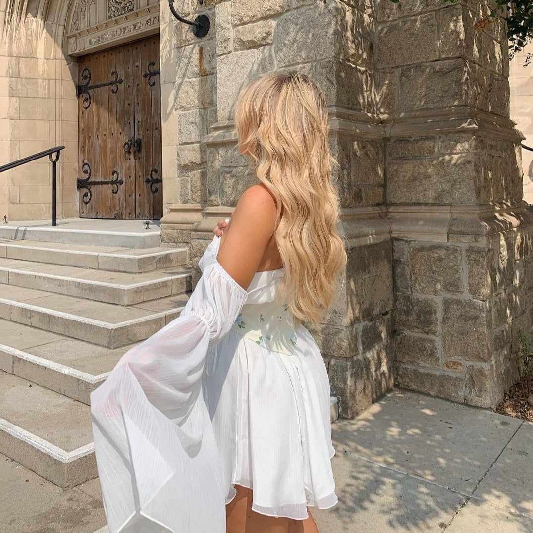 Floral Print Off Shoulder Puff Sleeve Lace Up Corset Mini Dress