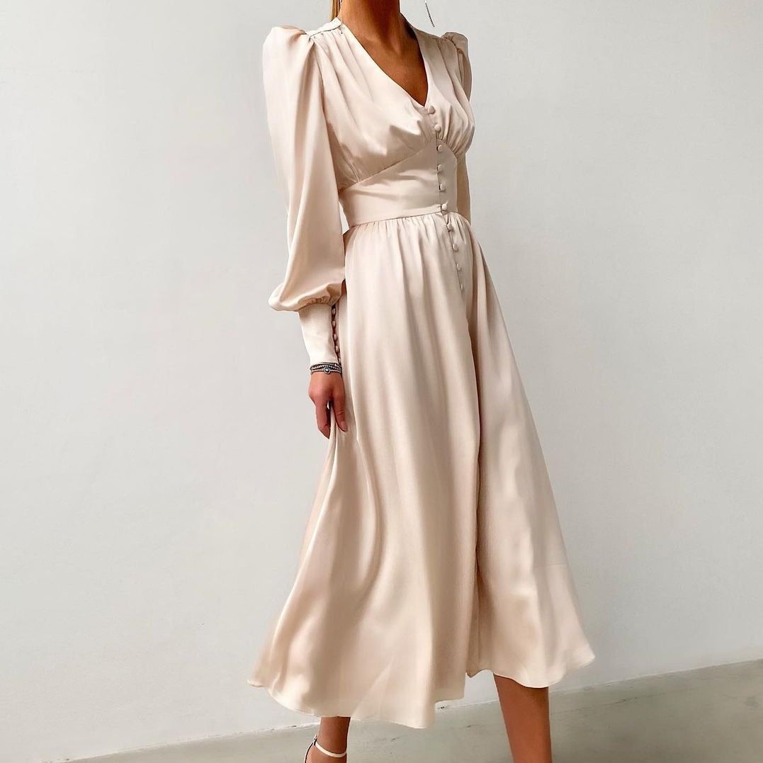 Athenian Lantern Sleeve Satin Midi Dress - View 5