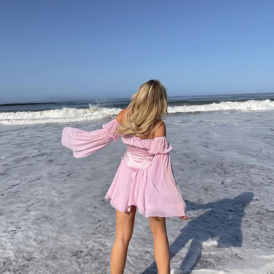 Floral Print Off Shoulder Puff Sleeve Lace Up Corset Mini Dress