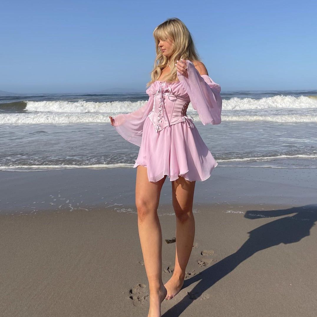 Floral Print Off Shoulder Puff Sleeve Lace Up Corset Mini Dress