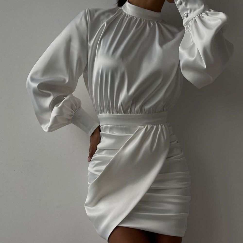 Monaco Ruched Puff Sleeve Satin Mini Dress - View 2