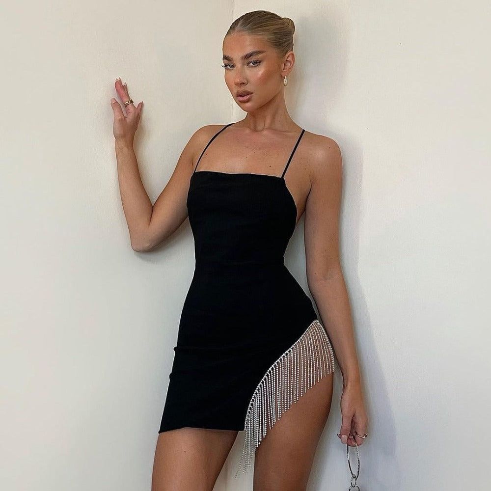 Rhinestone Tassel Side Slit Spaghetti Strap Bodycon Mini Dress