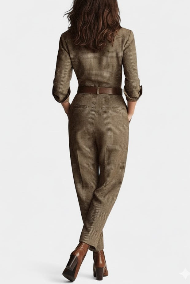 Plaid Collared Long Sleeve Belted Tapered Jumpsuit 4