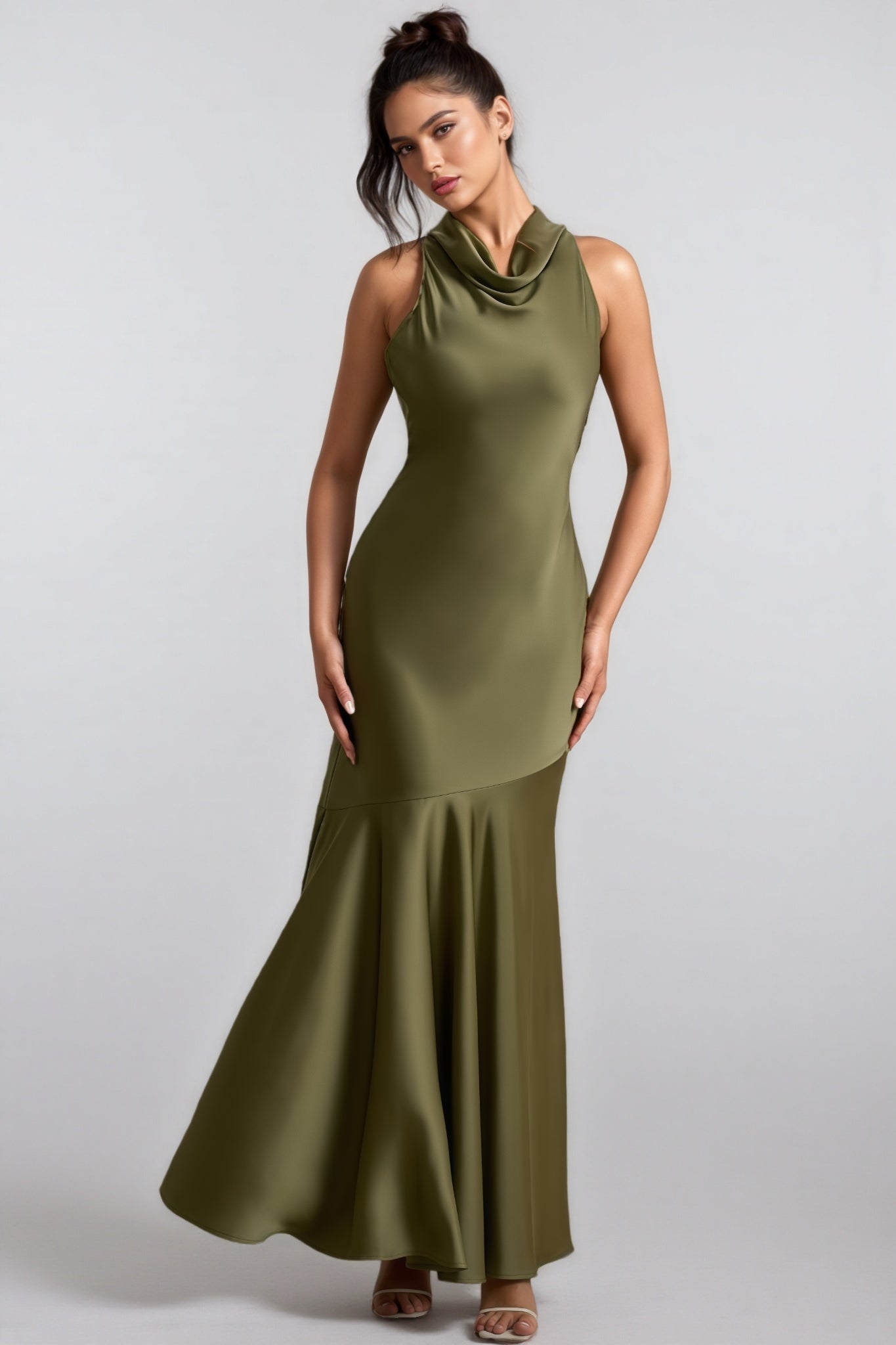 Elaray Green Satin Cowl-Neck Maxi Dress - View 2