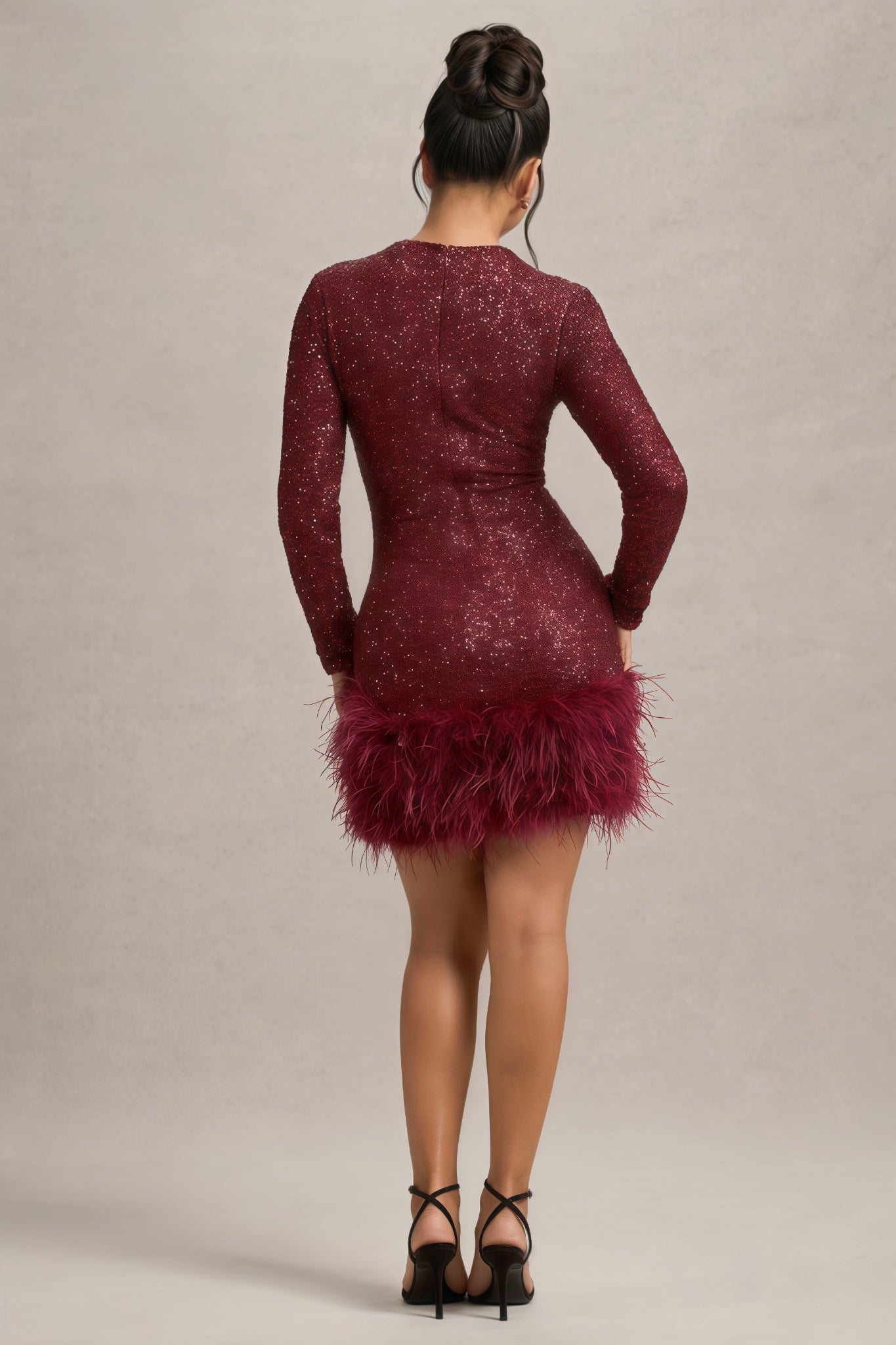 Sequin Crew Neck Long Sleeve Feather Trim Bodycon Mini Dress