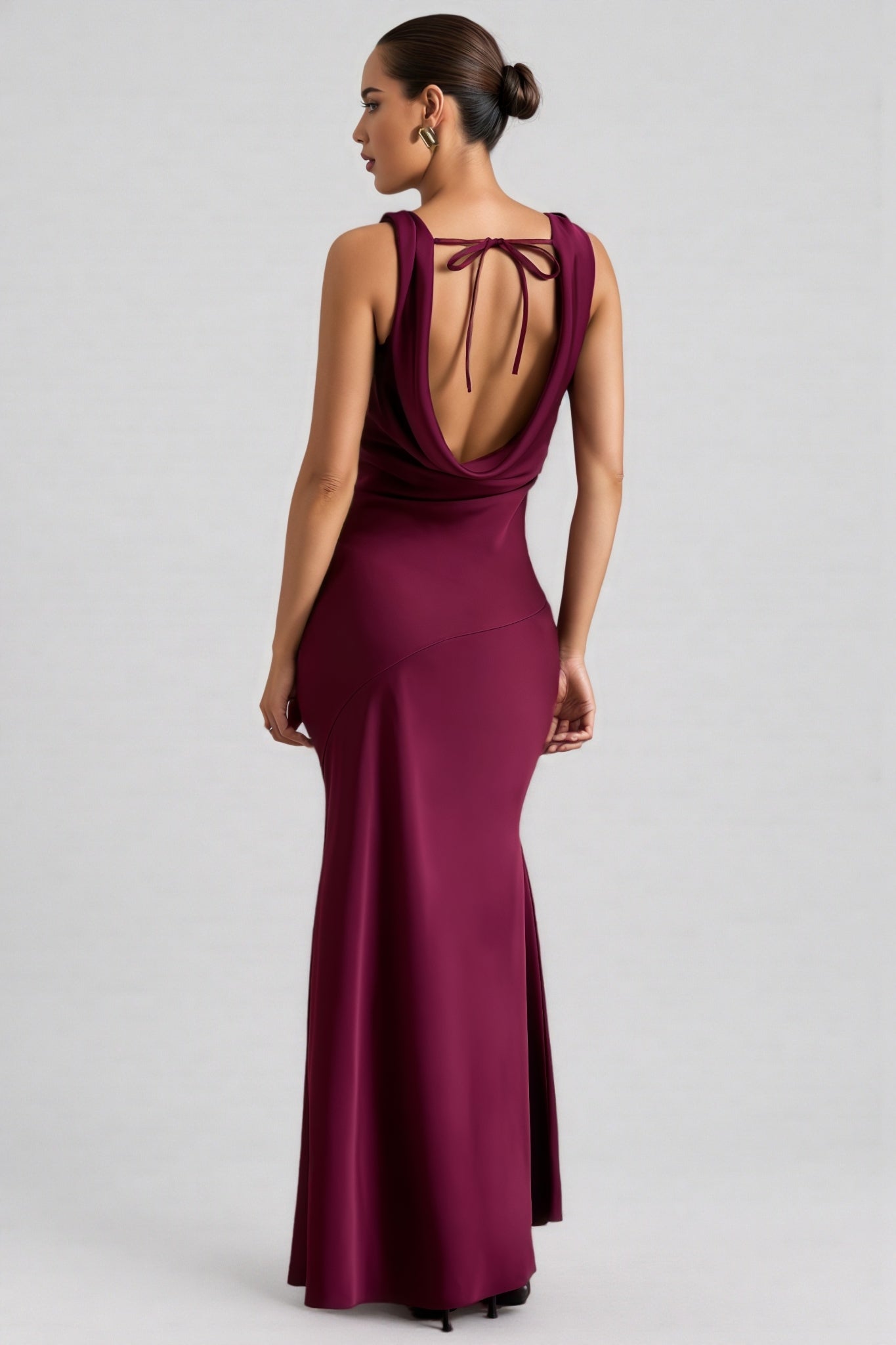Yararl Burgundy Satin Cowl-Neck Maxi Dress - View 4