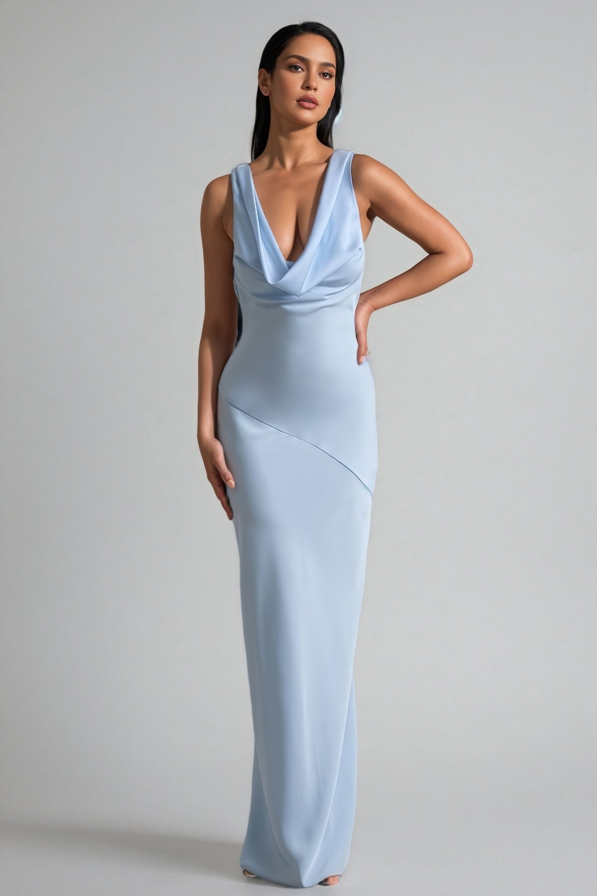 Satin Cowl Neck Sleeveless Asymmetrical Seam Column Maxi Dress