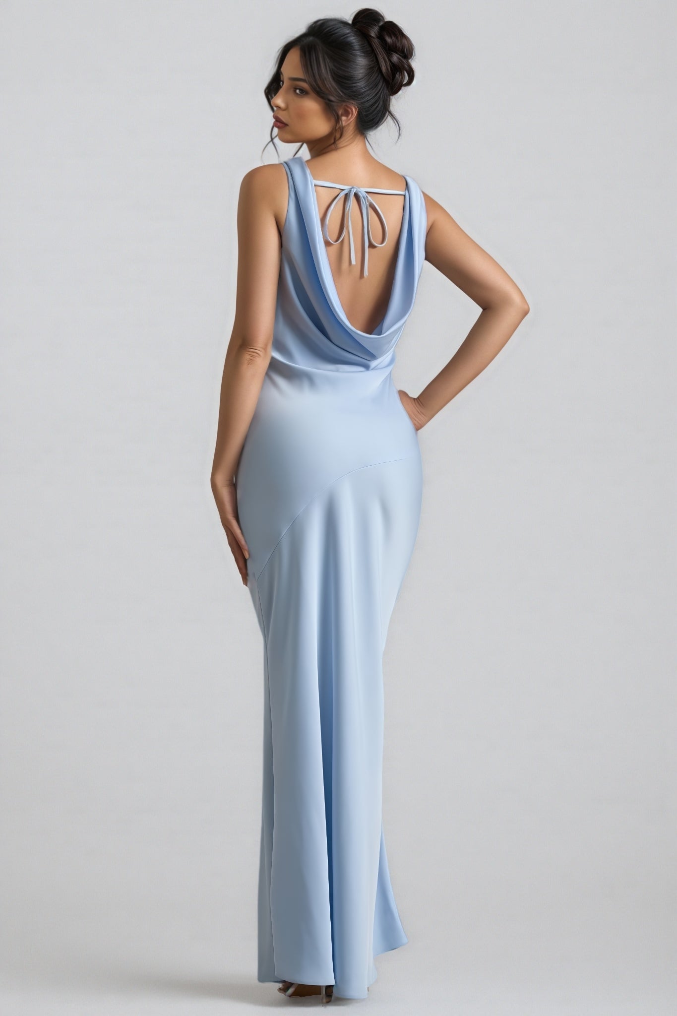 Kylat Powder Blue Satin Cowl-Neck Maxi Dress - View 5