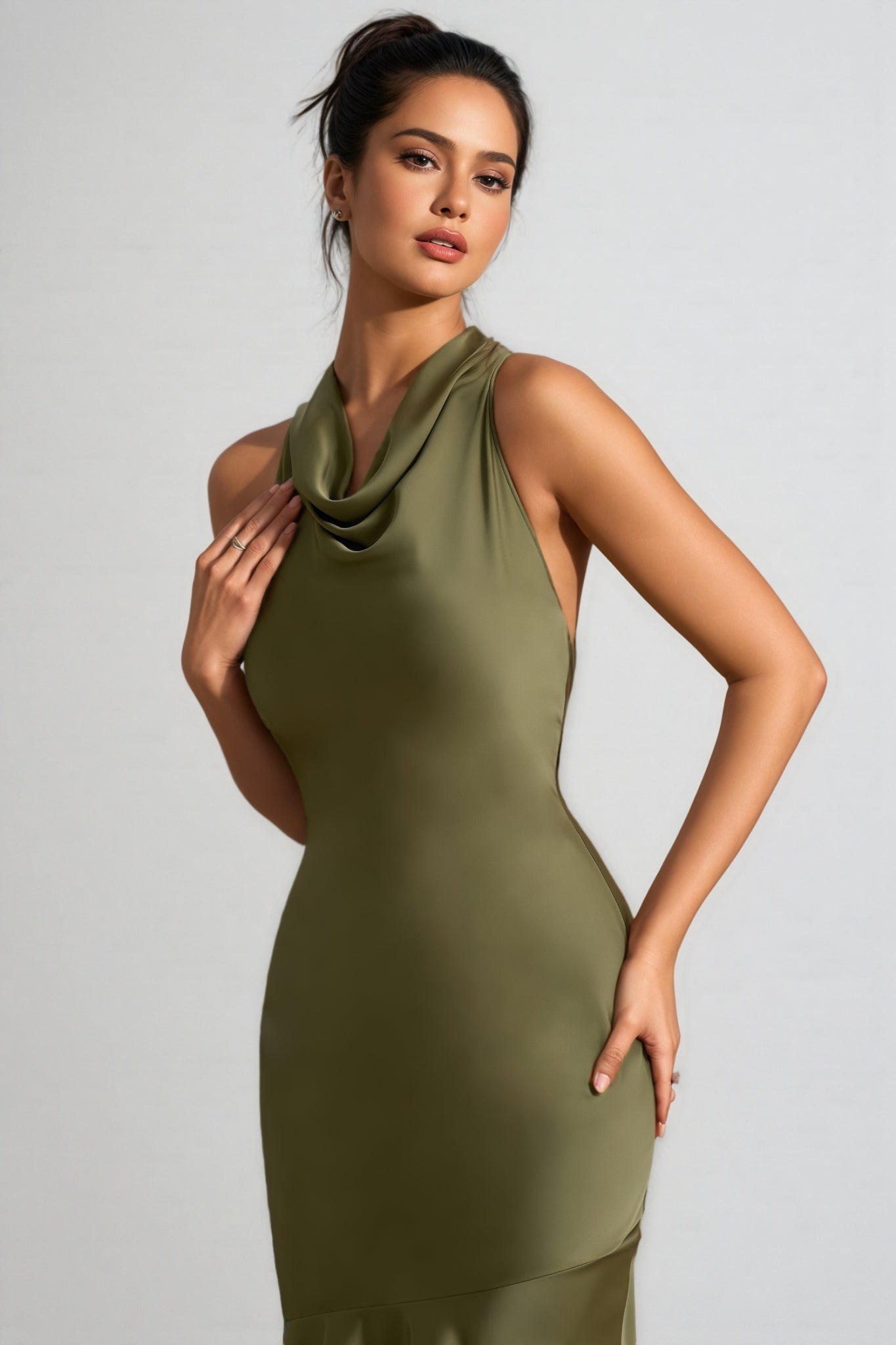 Elaray Green Satin Cowl-Neck Maxi Dress - View 4