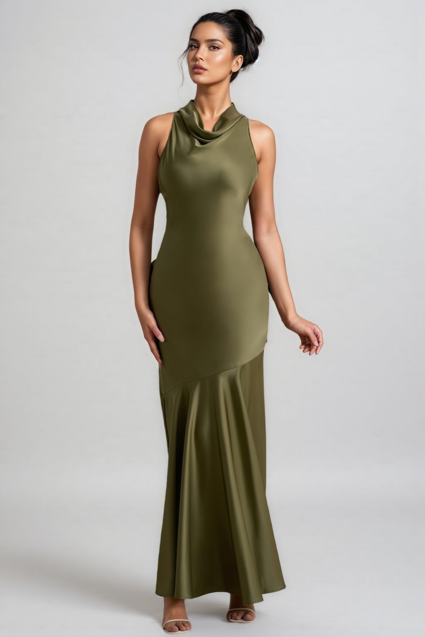 Elaray Green Satin Cowl-Neck Maxi Dress - View 3