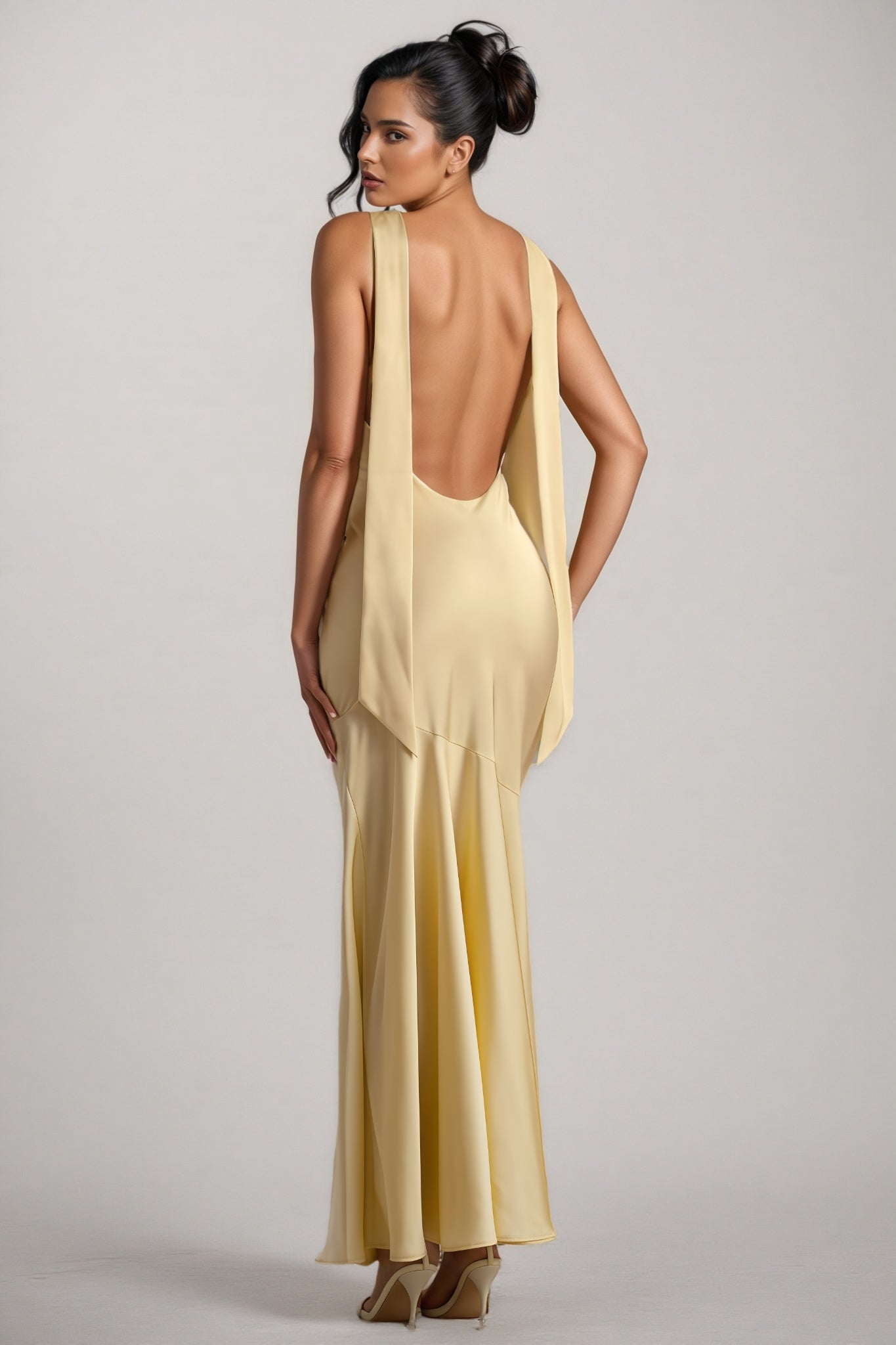 Azurao Yellow Satin Cowl-Neck Maxi Dress - View 4