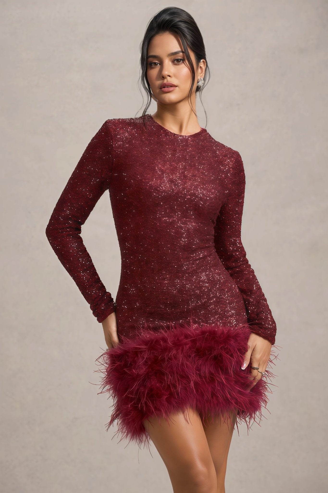 Sequin Crew Neck Long Sleeve Feather Trim Bodycon Mini Dress