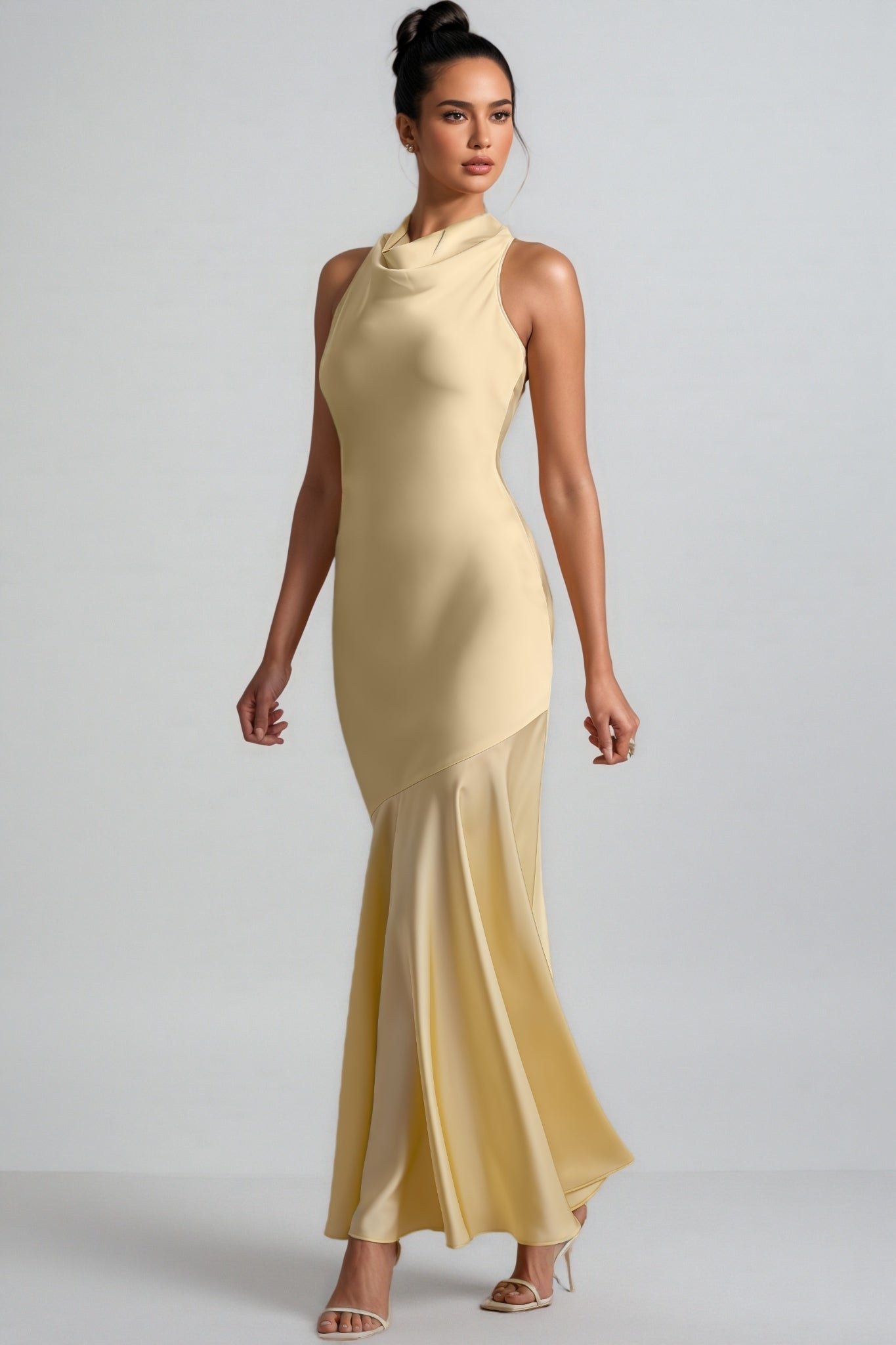 Azurao Yellow Satin Cowl-Neck Maxi Dress - View 2