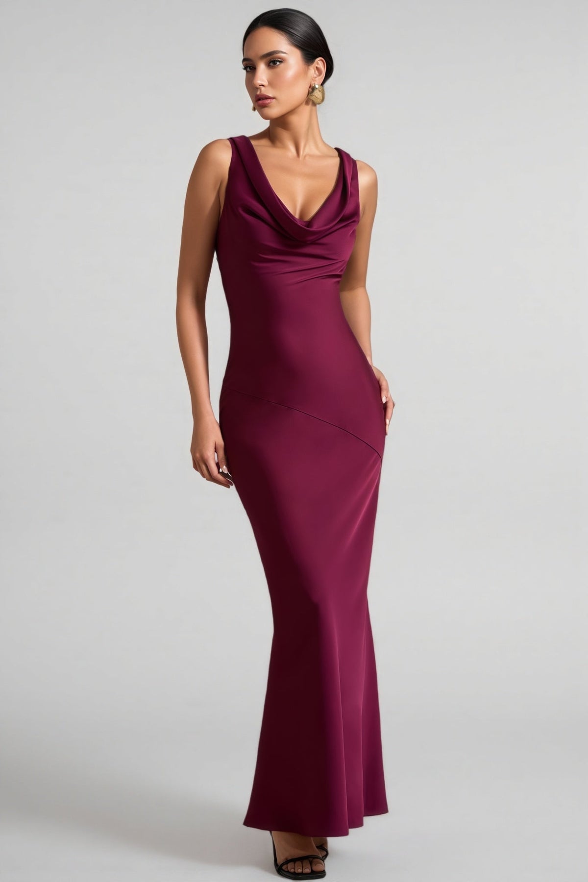 Satin Cowl Neck Sleeveless Asymmetric Seam Mermaid Maxi Dress