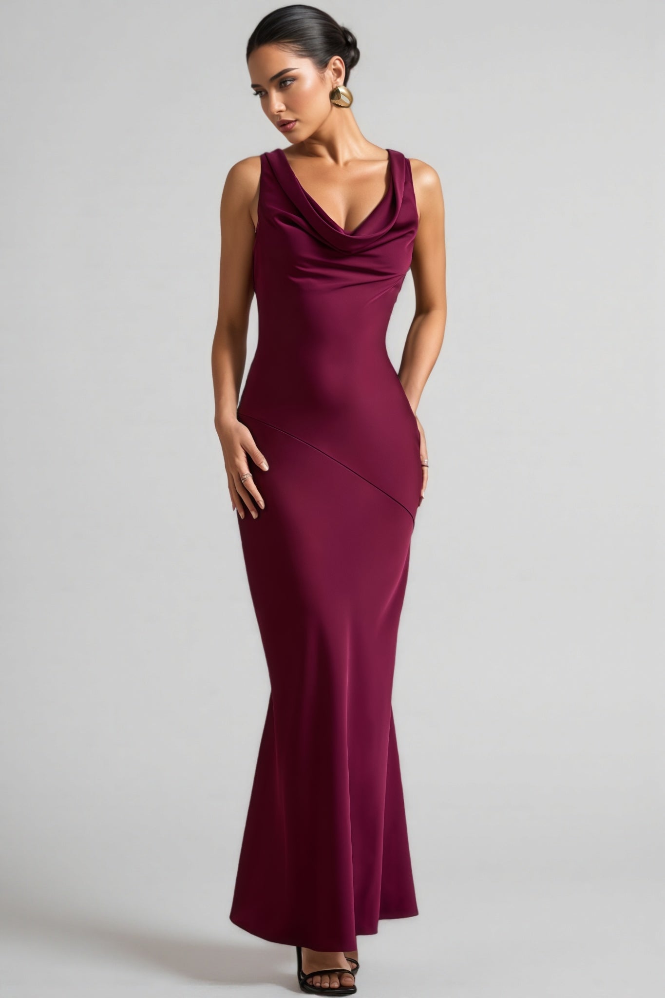 Yararl Burgundy Satin Cowl-Neck Maxi Dress - View 3