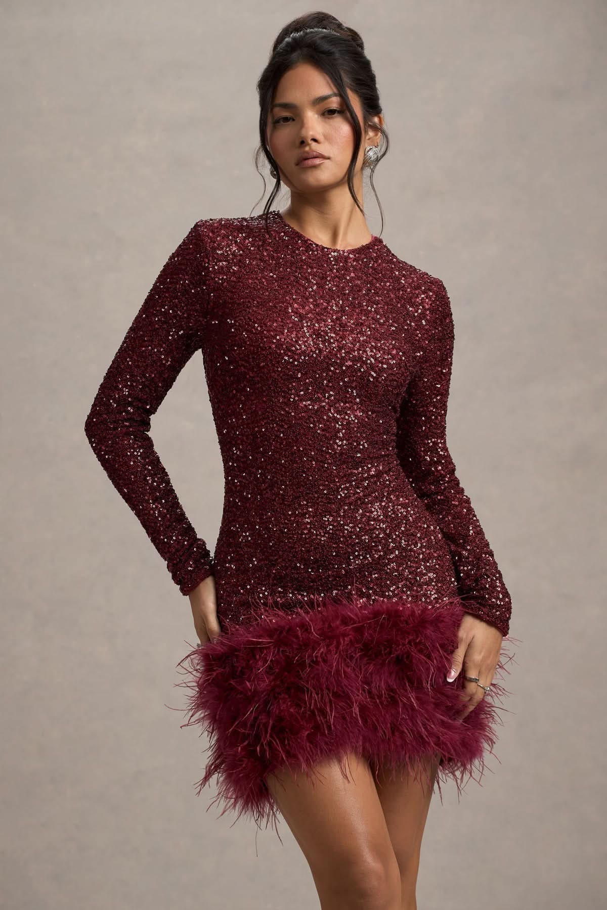 Sequin Crew Neck Long Sleeve Feather Hem Bodycon Mini Dress 6