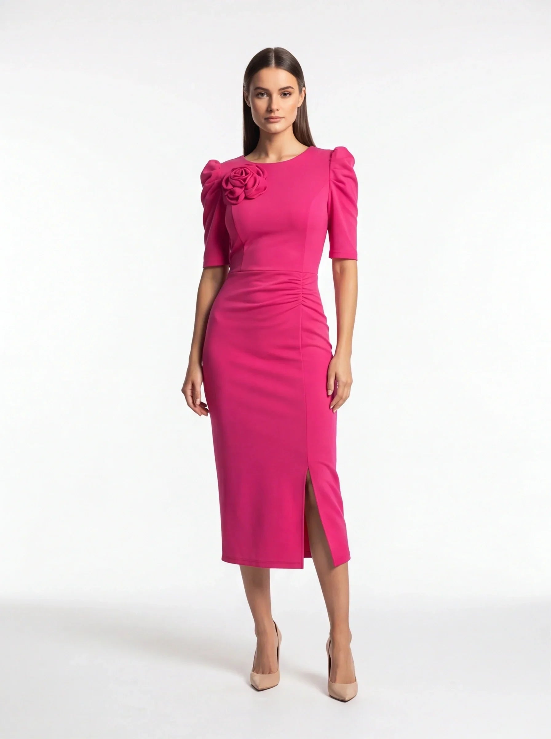 3D Floral Puff Sleeve Ruched High Split Bodycon Midi Dress