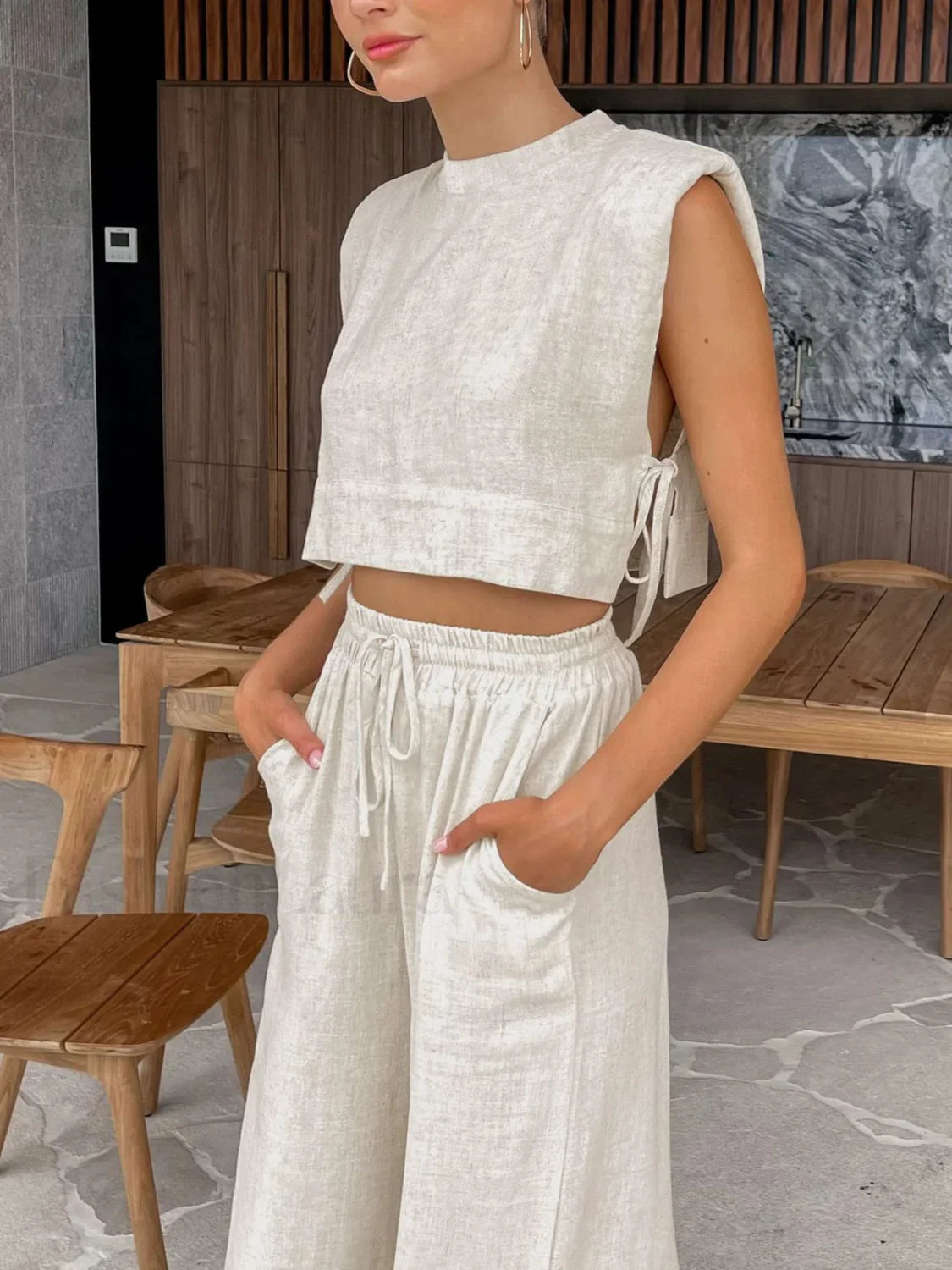 Utility Linen Two Piece Modern Wide Leg Pants Set