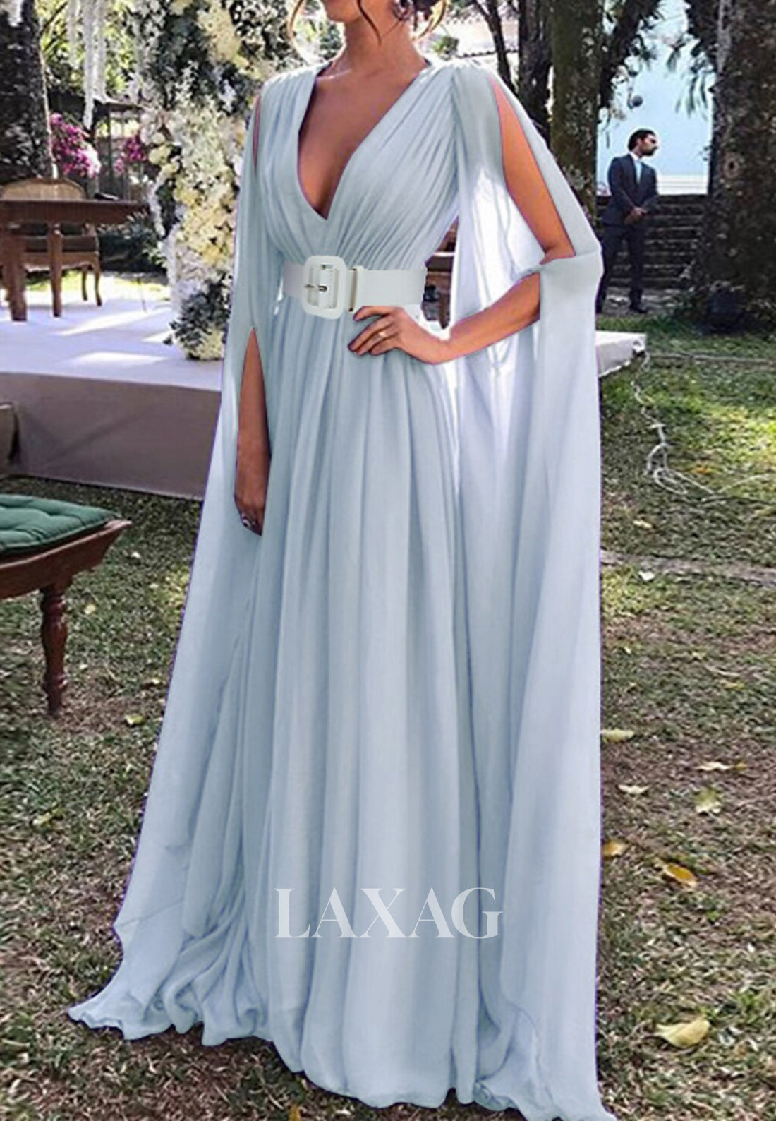 Deep V-Neck Strsps Sleeveless A-Line Prom Dress Pleated Tulle Party Gowns with Sweep Train