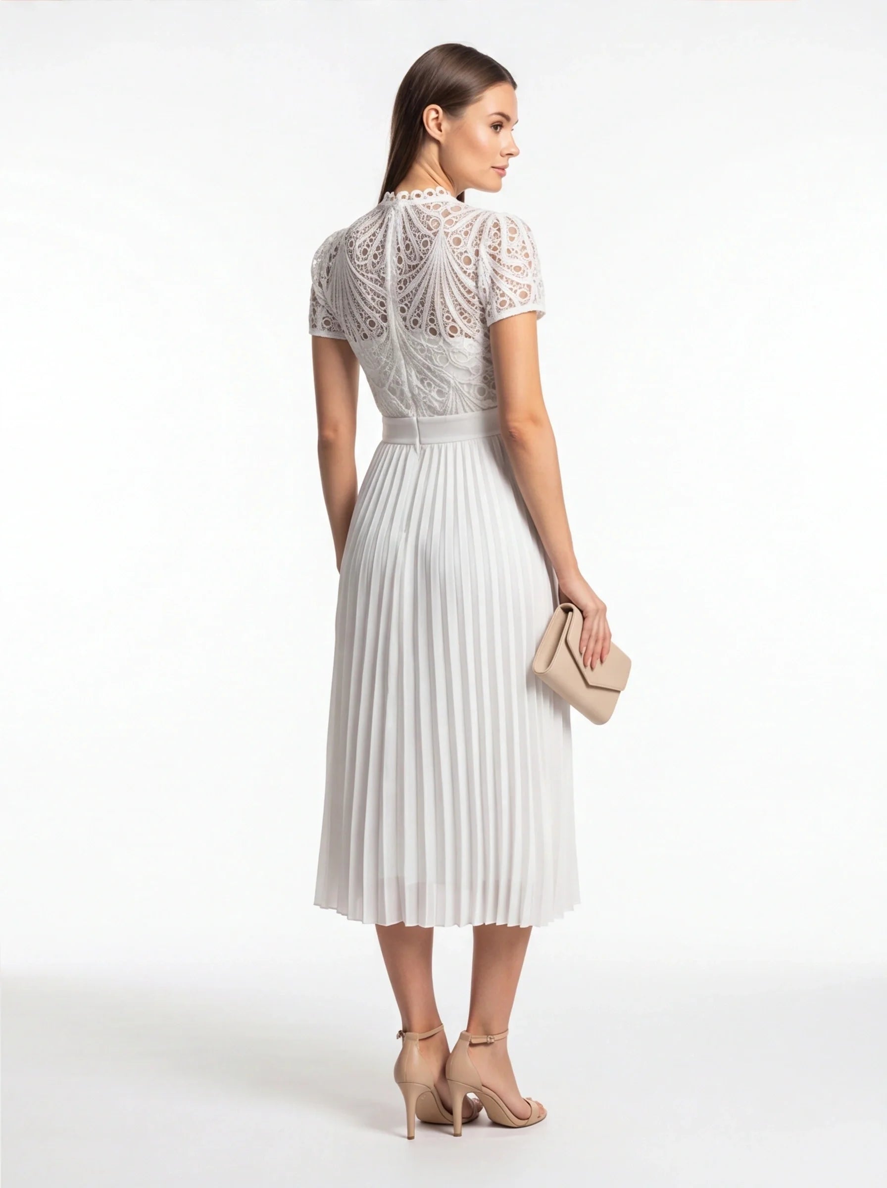 Elegant Pleated Lace Wedding Guest Dress with Cap Sleeves & Midi Lengt