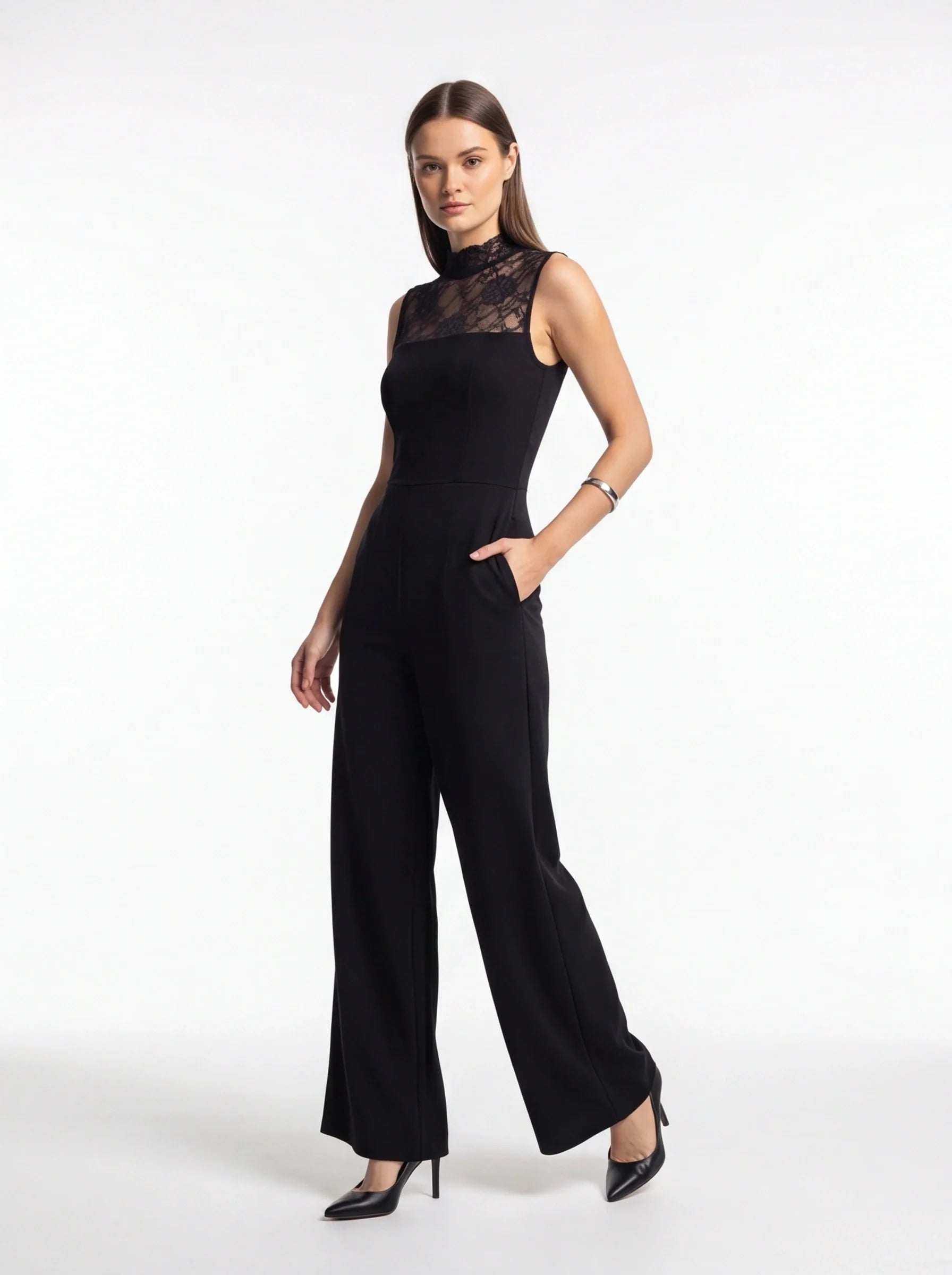 Elegant Sleeveless Lace Jumpsuit with Pockets & Adjustable Straps - Jamota