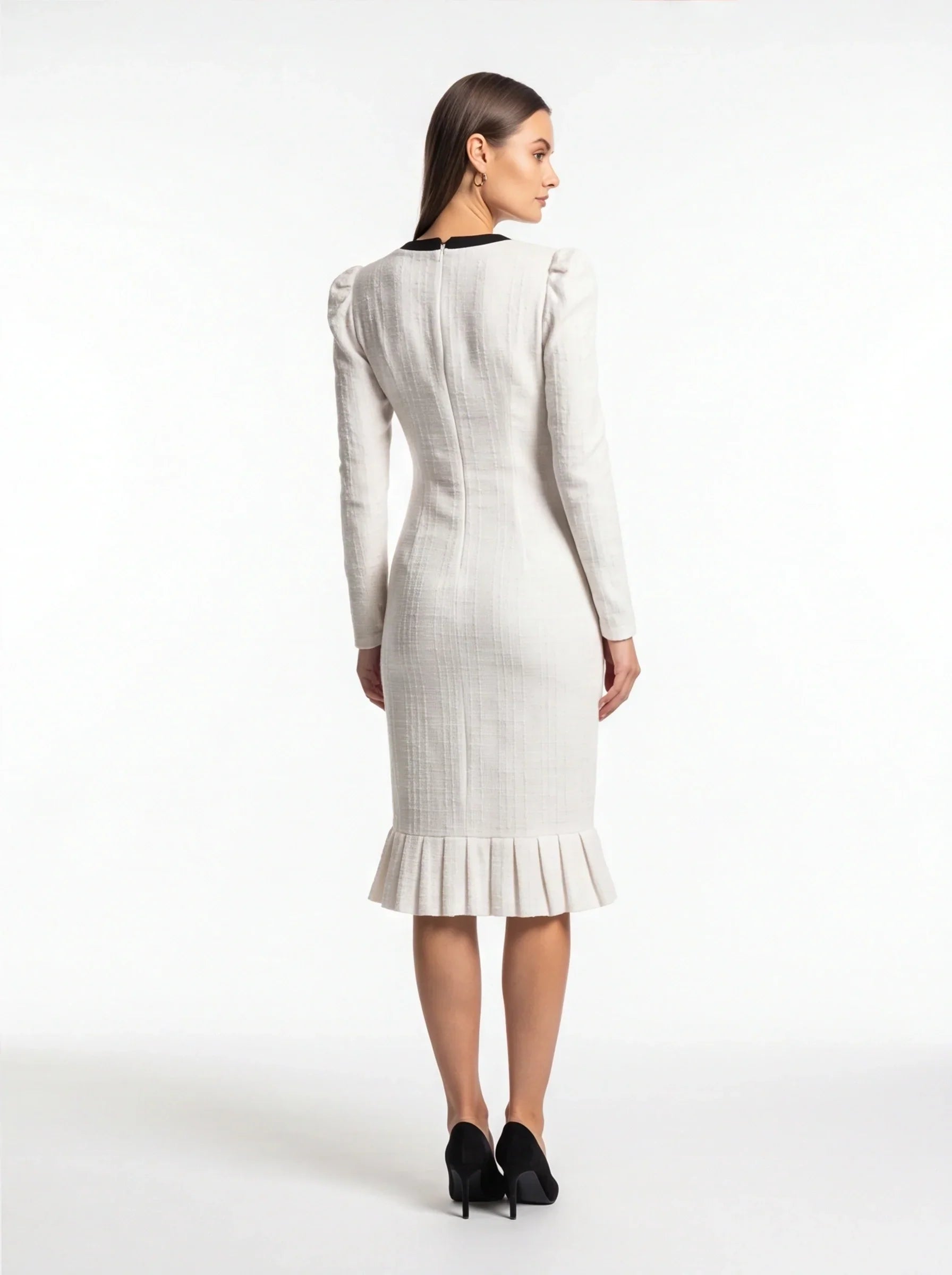 Tweed V-Neck Long Sleeve Button Front Ruffle Hem Midi Dress