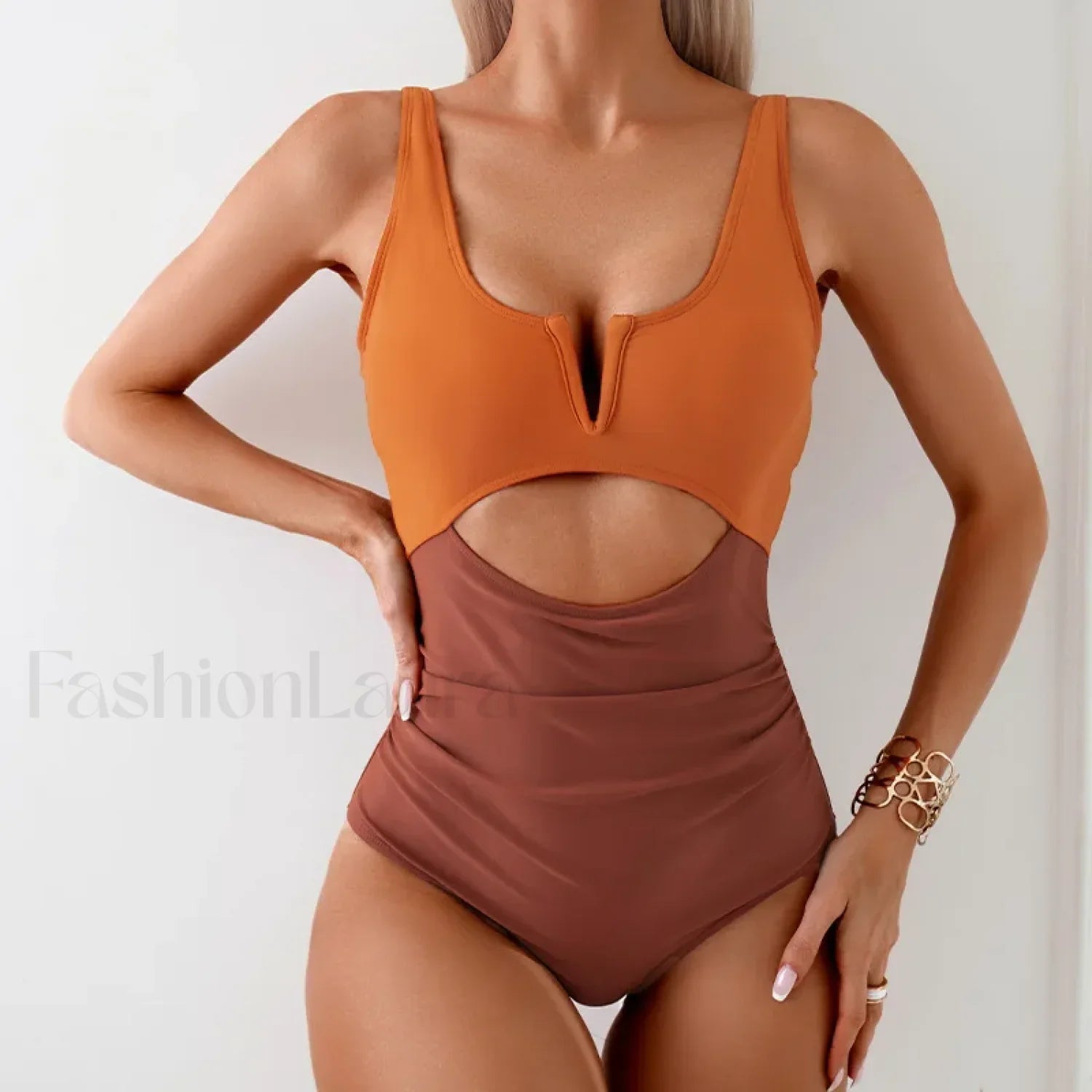 V Cut Bandeau High Leg One Piece Brown / S