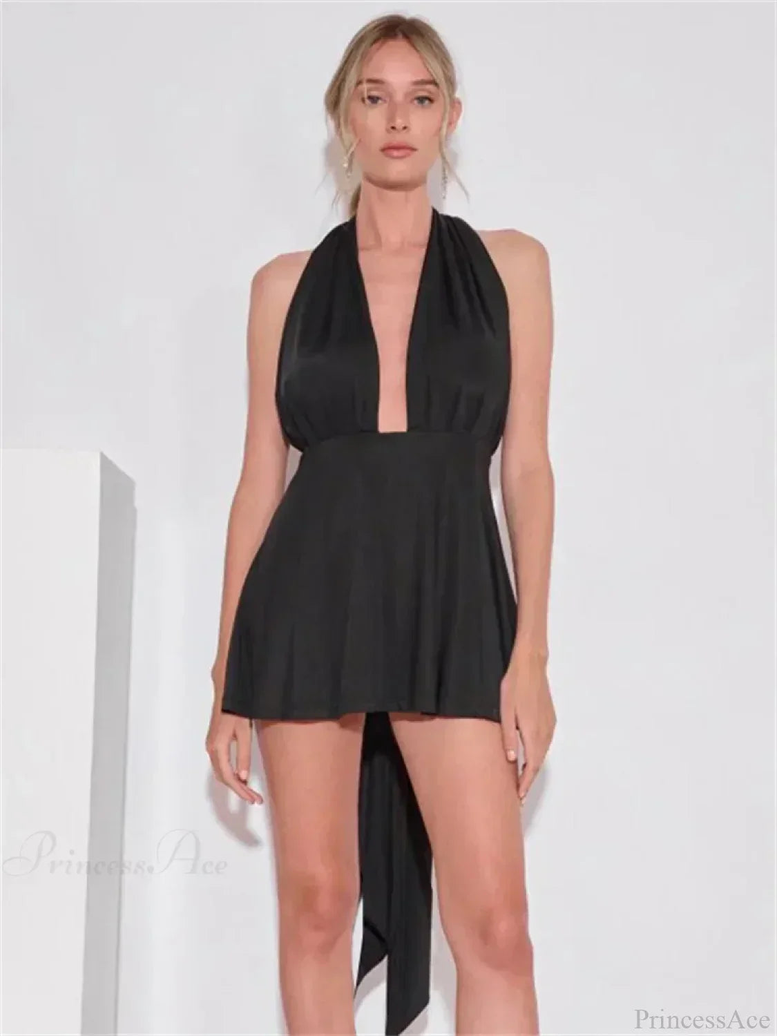 Deep V-Neck Sleeveless Wrap Waist Draped Flared Mini Dress 7