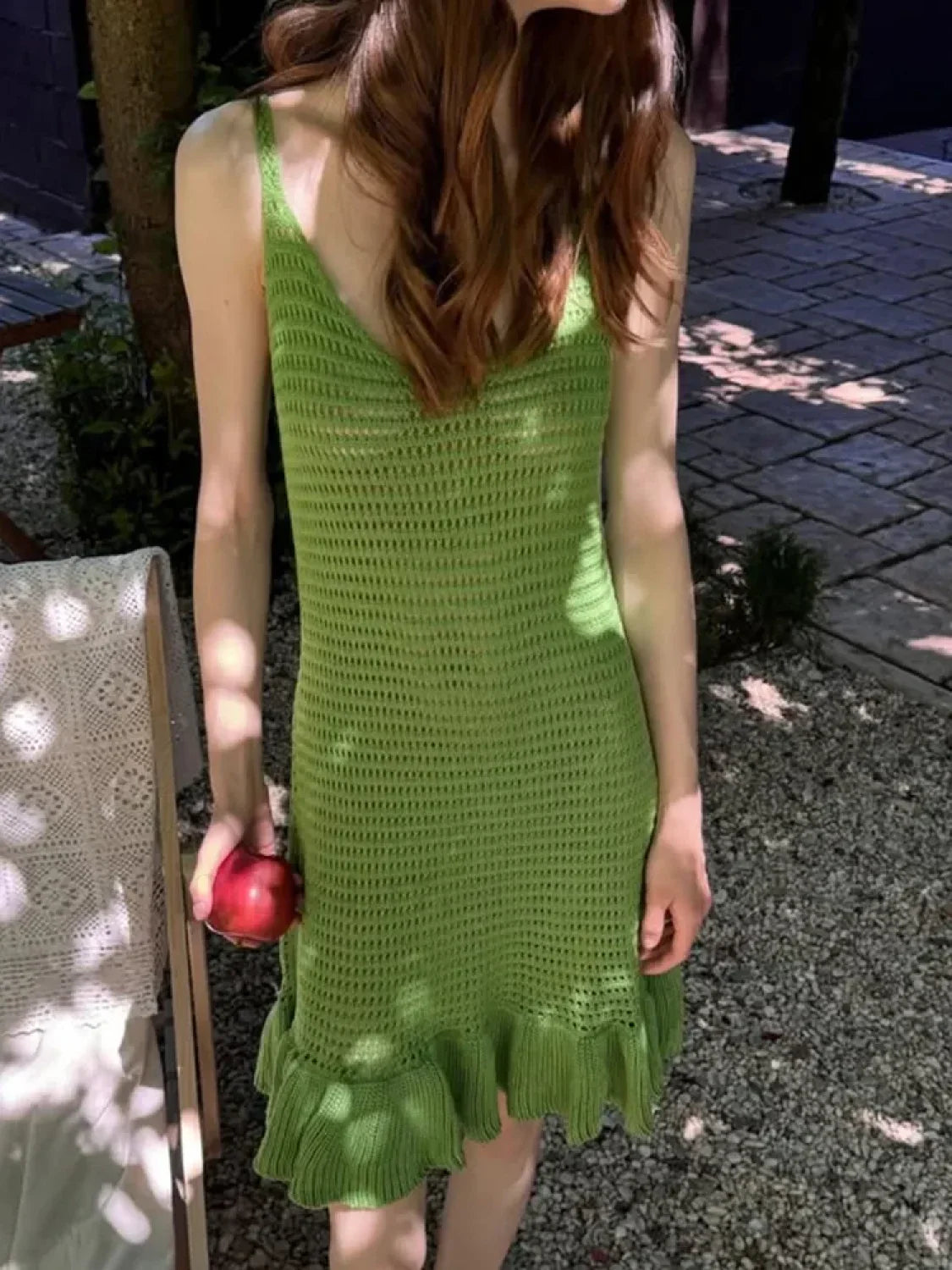 V Neck Backless Knitted Ruffle Cover Up Green / One Size