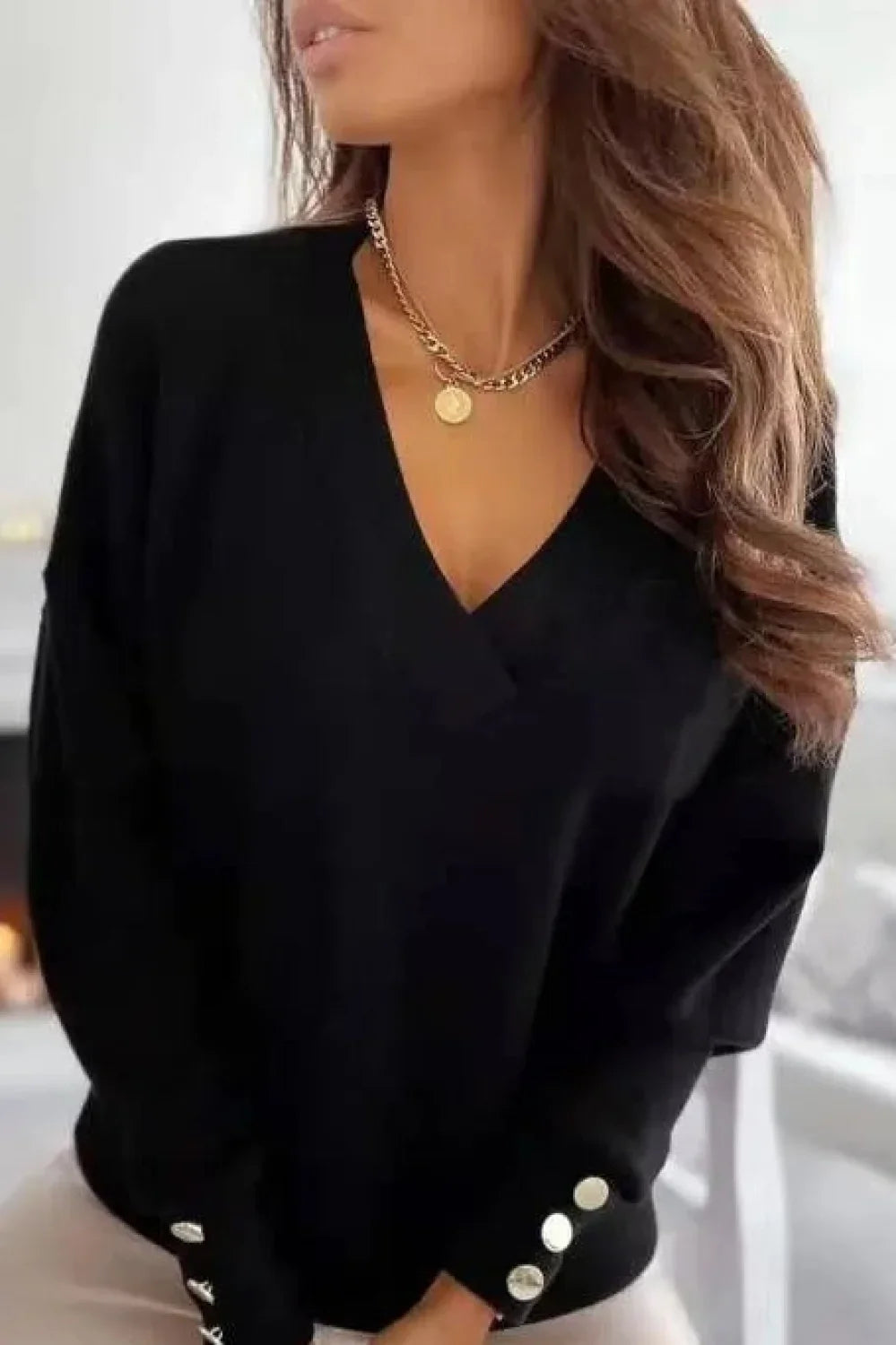 V-Neck Button Knit Pullover Sweater