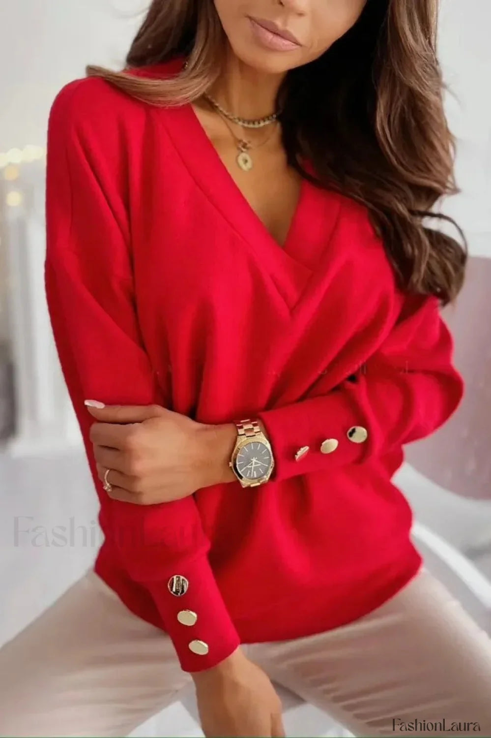 V-Neck Button Knit Pullover Sweater