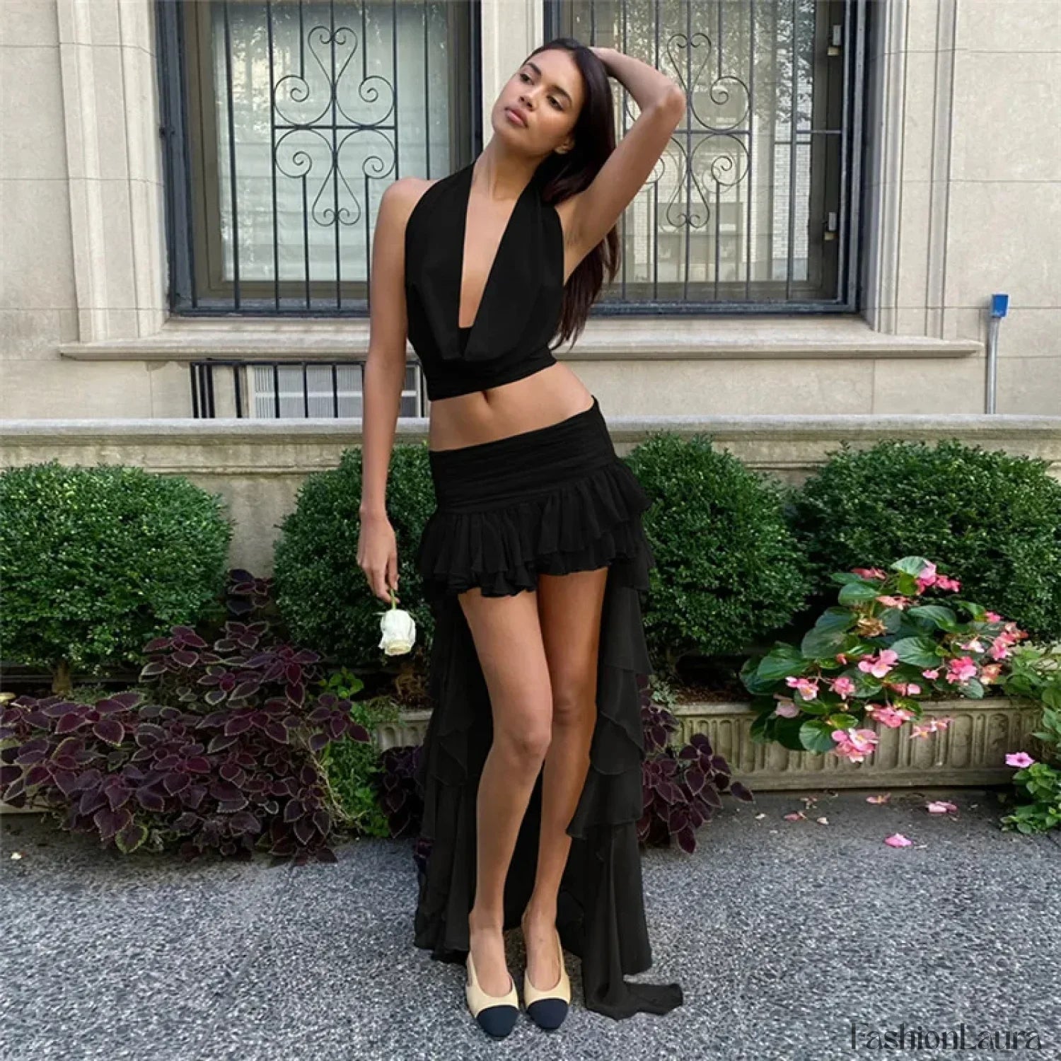 V Neck Crop Top Skirt Two Piece Set