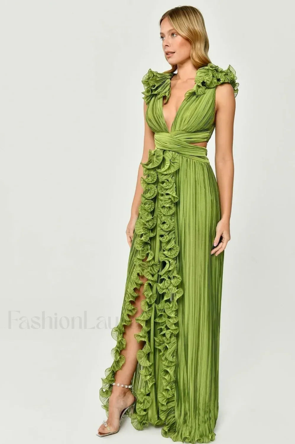 V-Neck Cut-Out Pleated Charming Split Maxi Dress