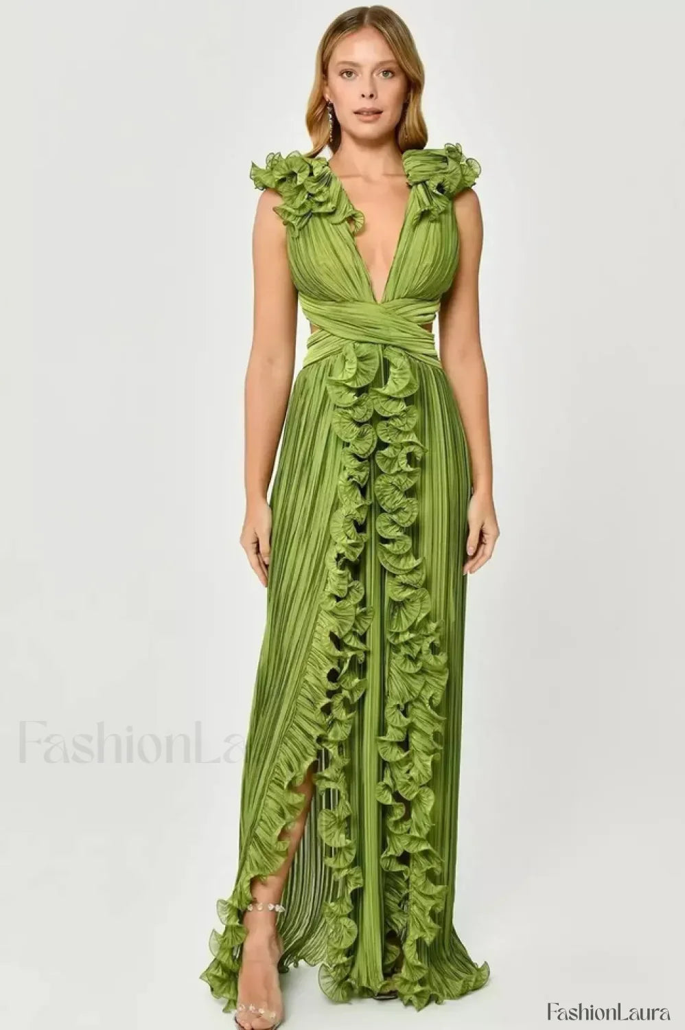 V-Neck Cut-Out Pleated Charming Split Maxi Dress