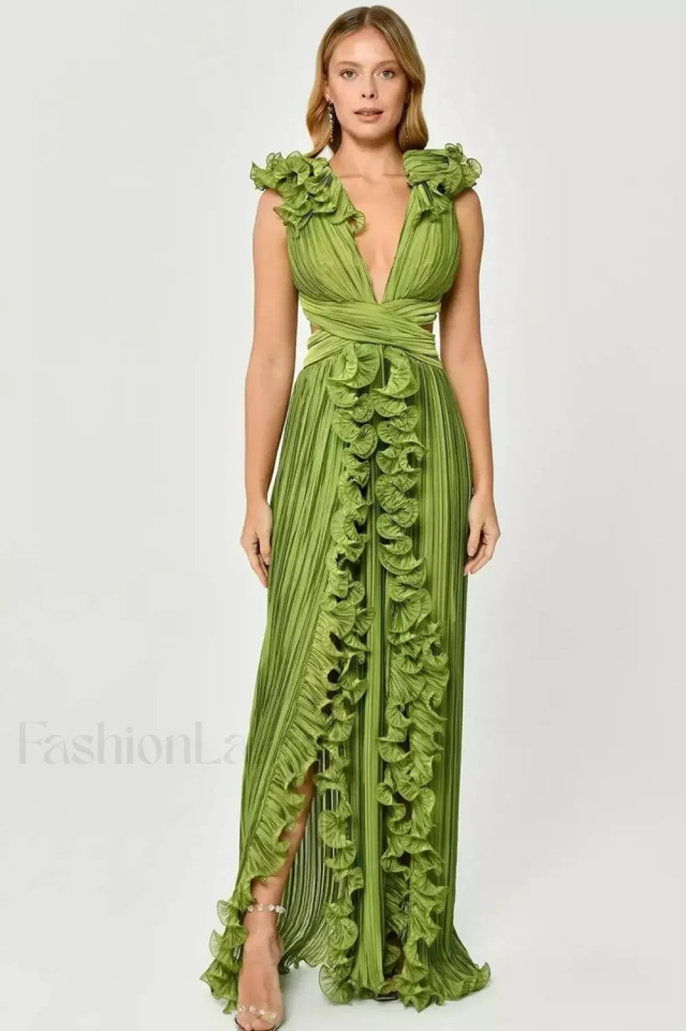 V Neck Cut Out Pleated Charming Split Maxi Dress S / Green