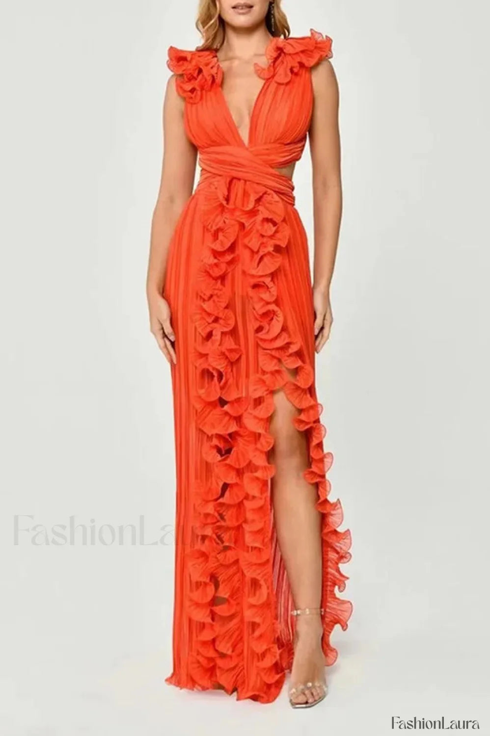 V-Neck Cut-Out Pleated Charming Split Maxi Dress