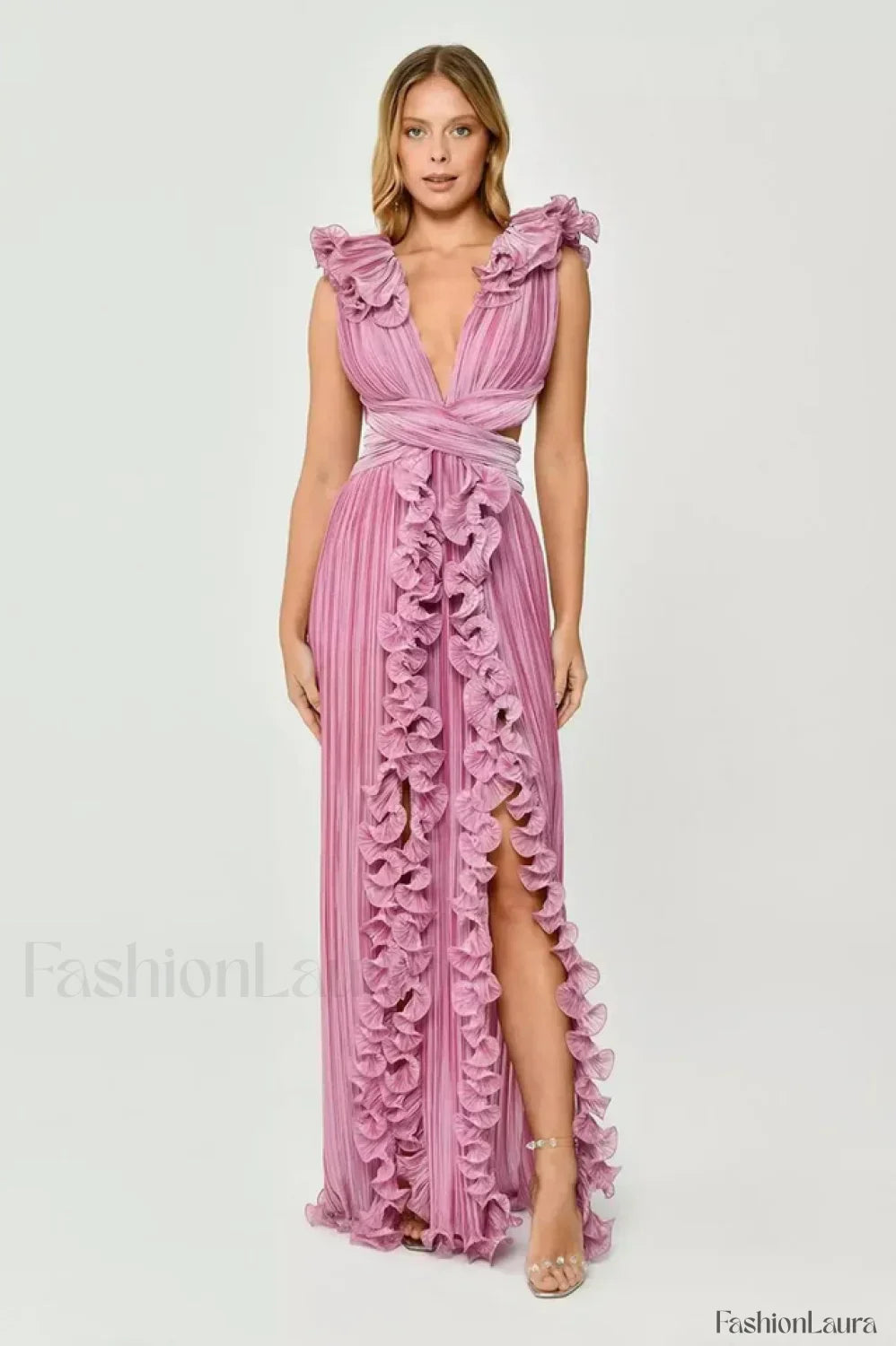 V-Neck Cut-Out Pleated Charming Split Maxi Dress