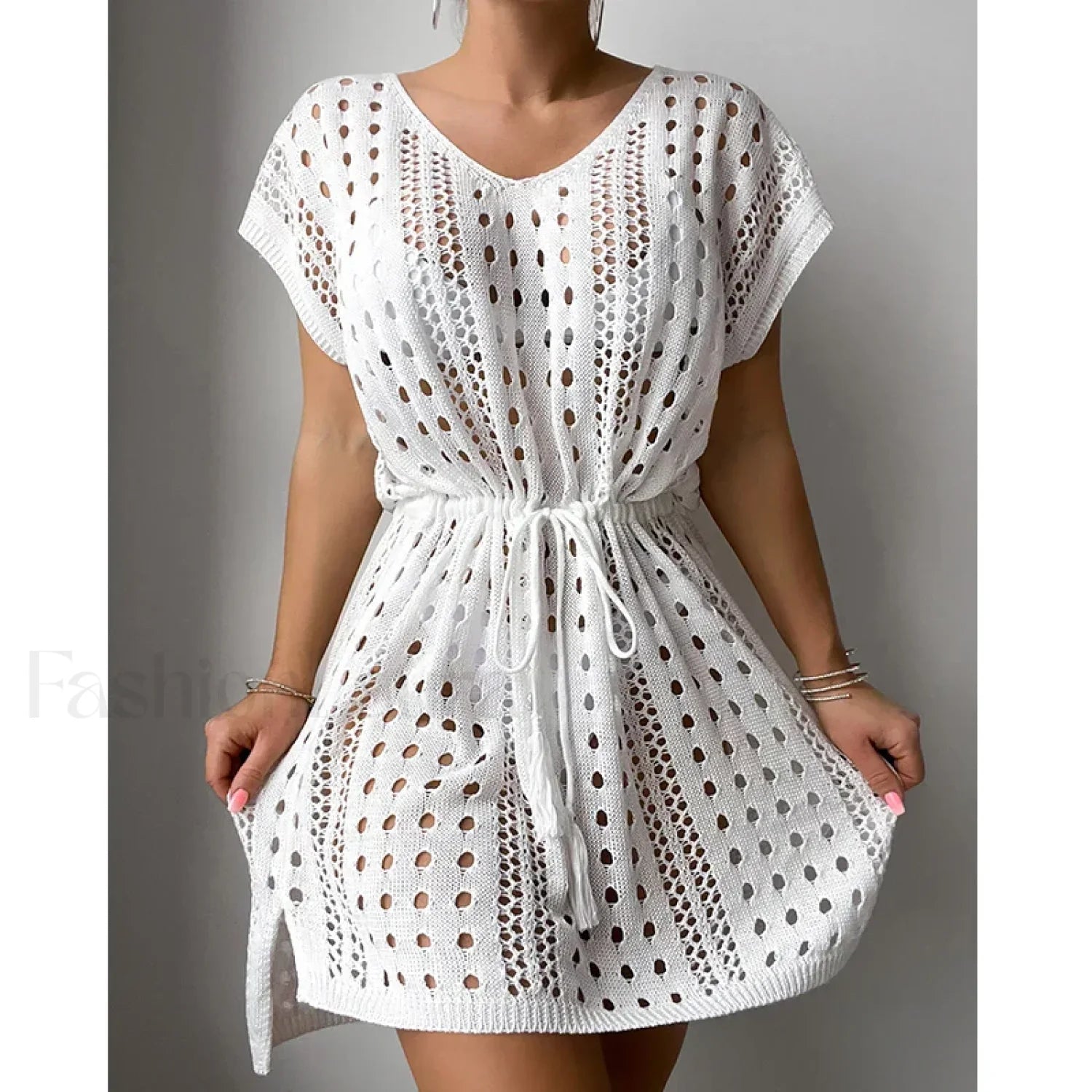 V-Neck Drawstring Slit Dress Cover Up