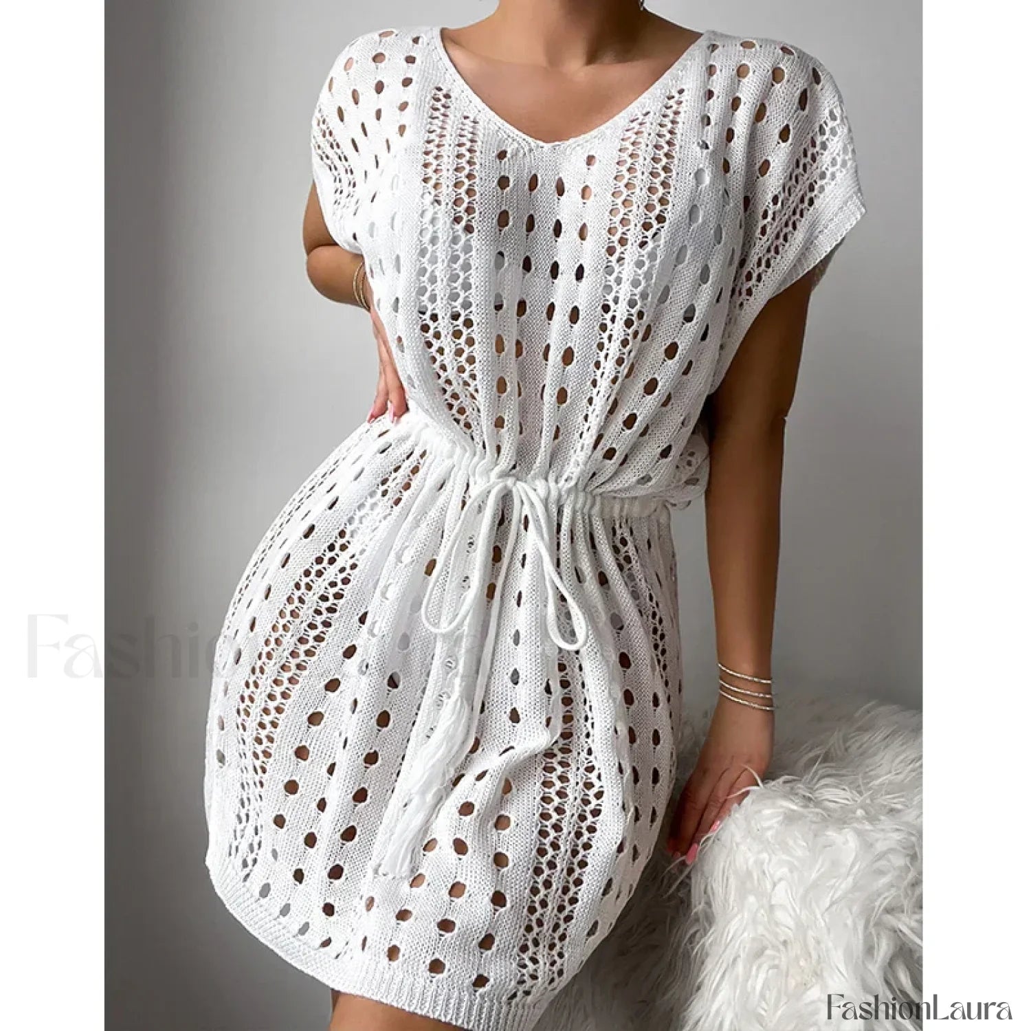 V-Neck Drawstring Slit Dress Cover Up